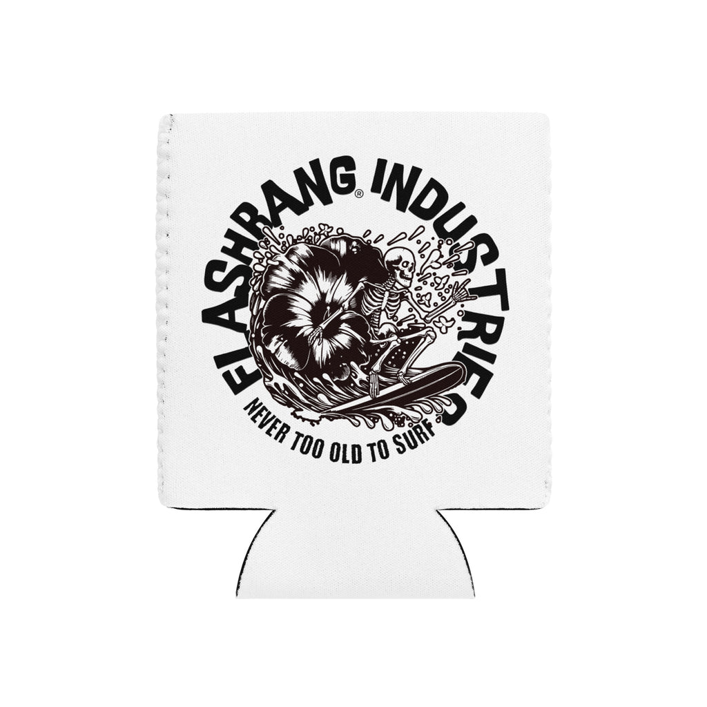 White can cooler with black graphic design and text on a white background