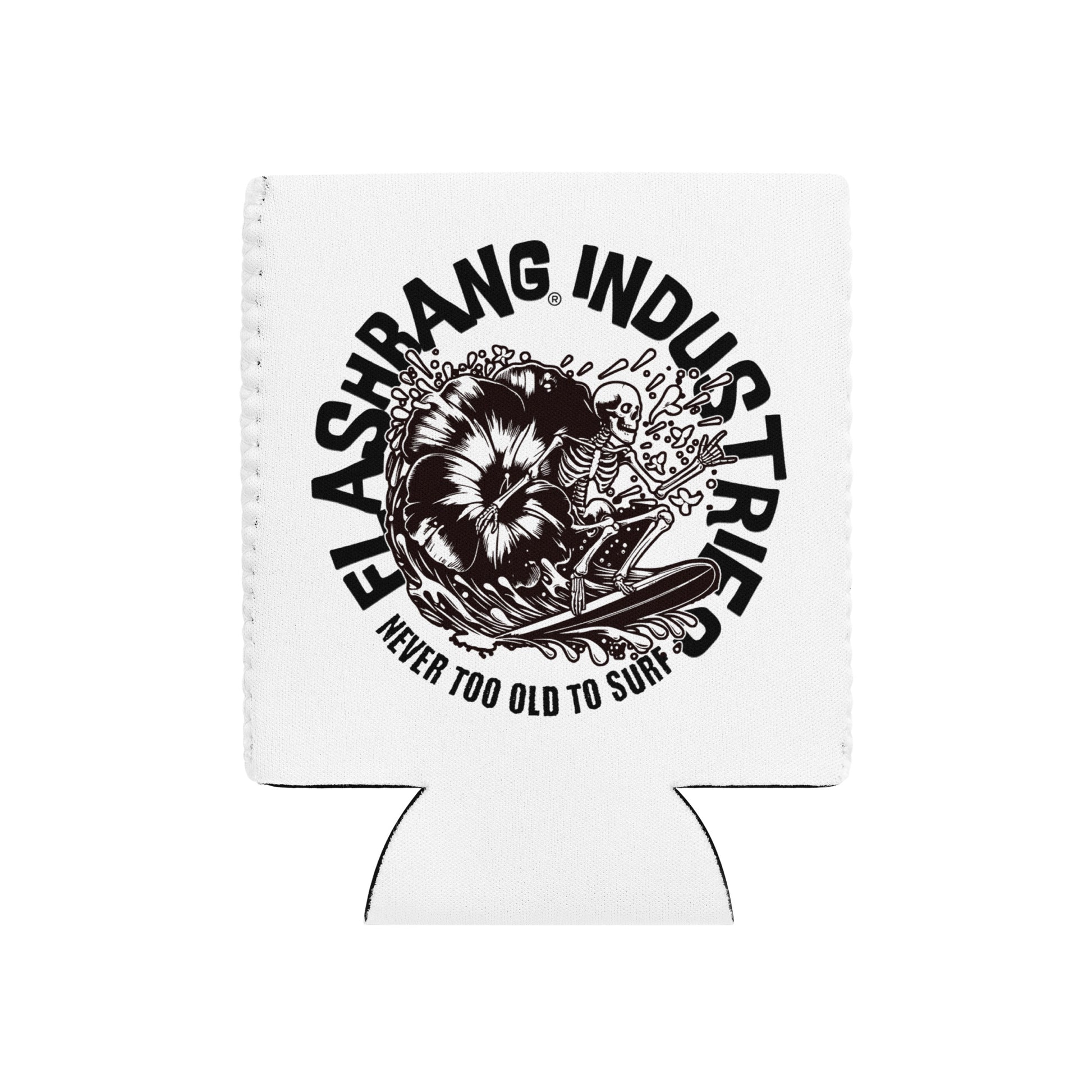 White can cooler with black graphic design and text on a white background