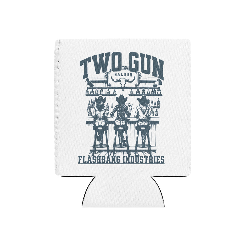 White can cooler with 'Two Gun Saloon' design and 'Flashbang Industries' text on a white background