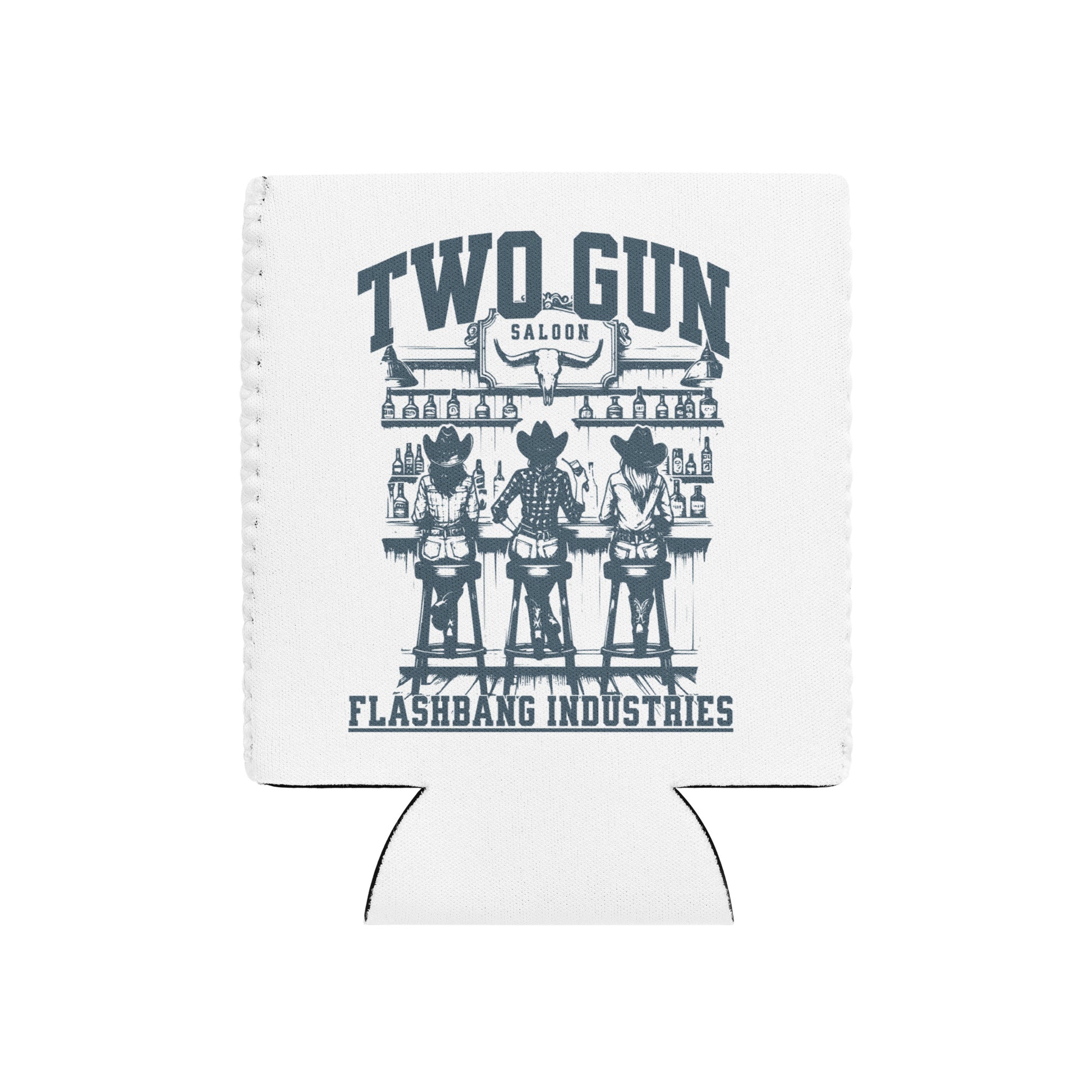 White can cooler with 'Two Gun Saloon' design and 'Flashbang Industries' text on a white background
