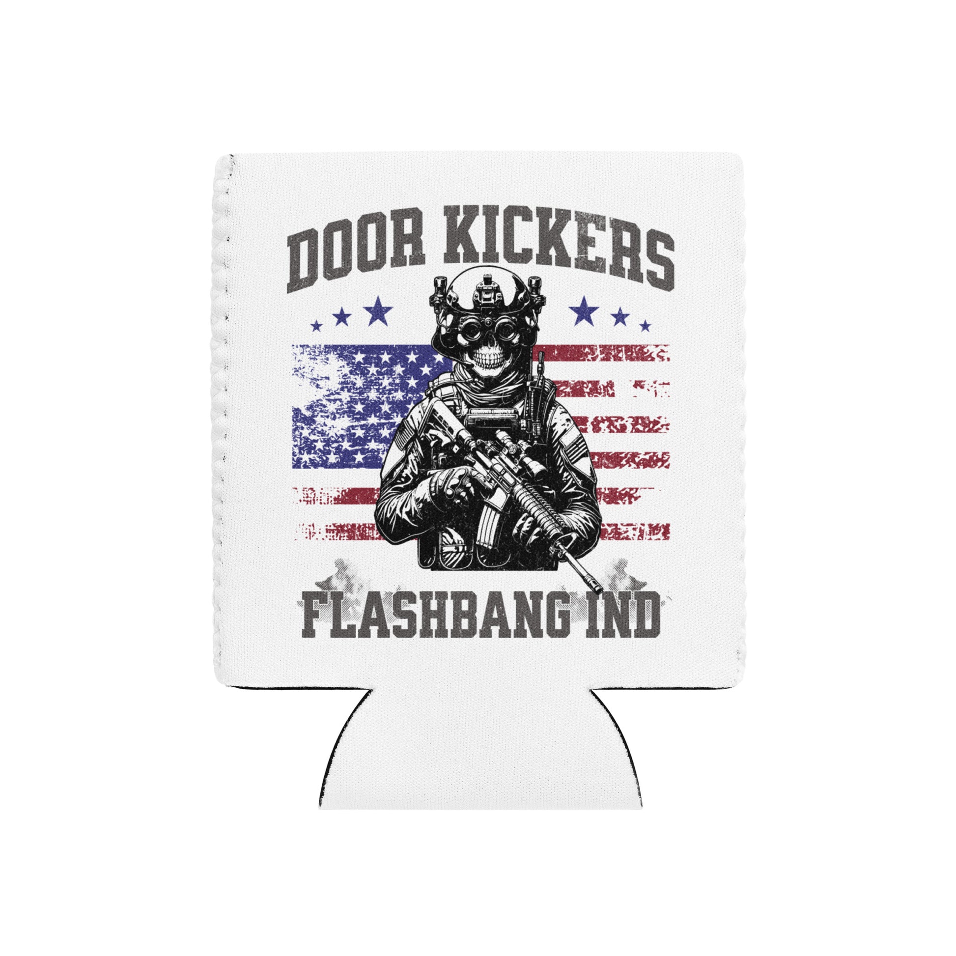 Koozie with 'Door Kickers Flashbang Ink' design featuring a soldier and American flag on a white background
