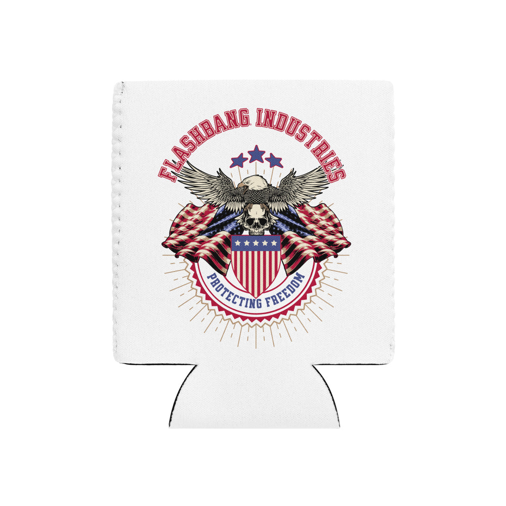White can cooler with 'Flashbang Industries' logo featuring an eagle and American flag design on a white background.