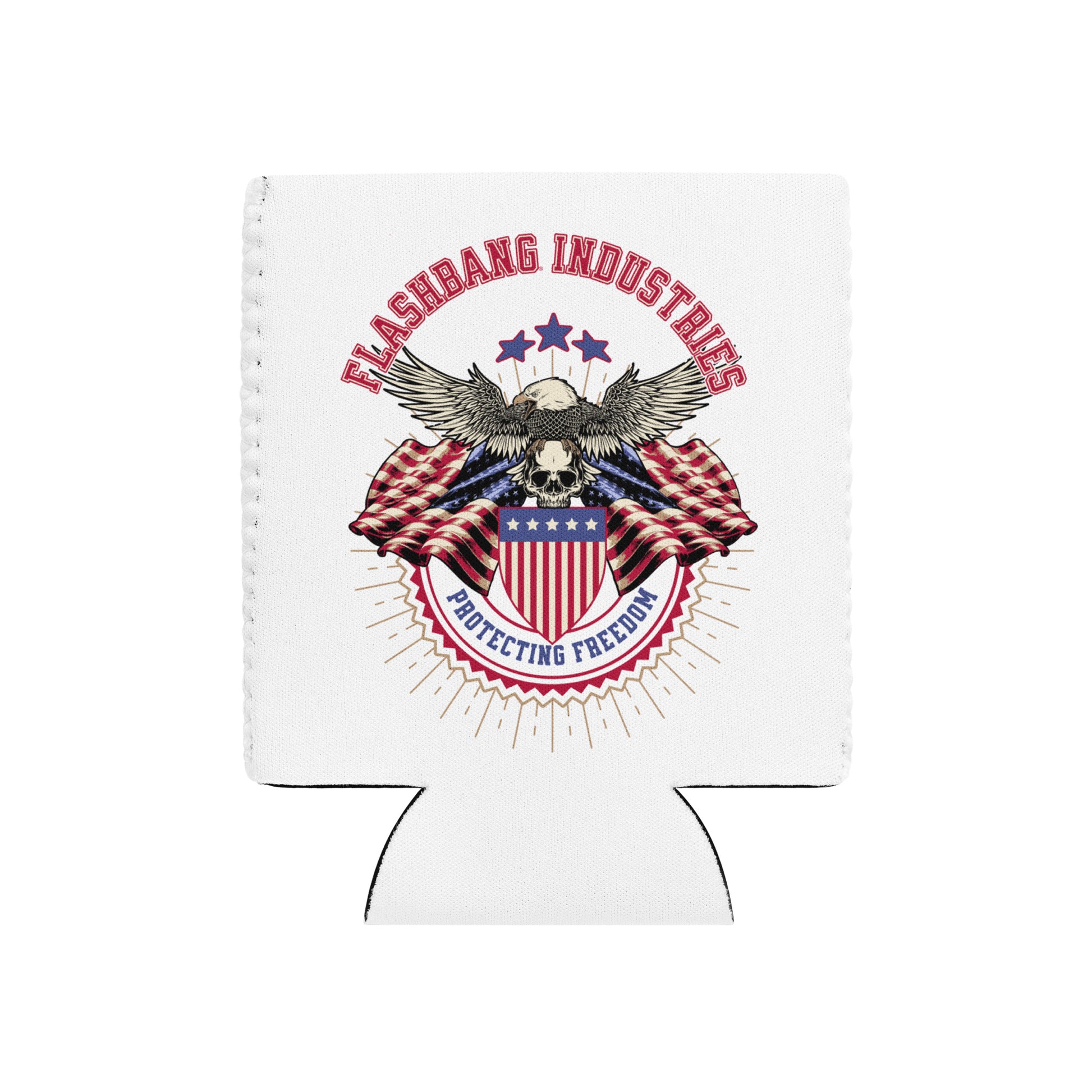 White can cooler with 'Flashbang Industries' logo featuring an eagle and American flag design on a white background.