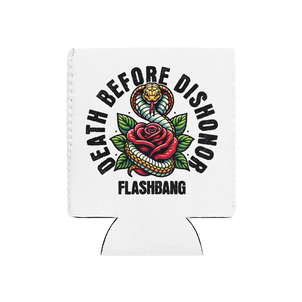 White can cooler with snake and rose design and 'Death Before Dishonor Flashbang' text on a white background