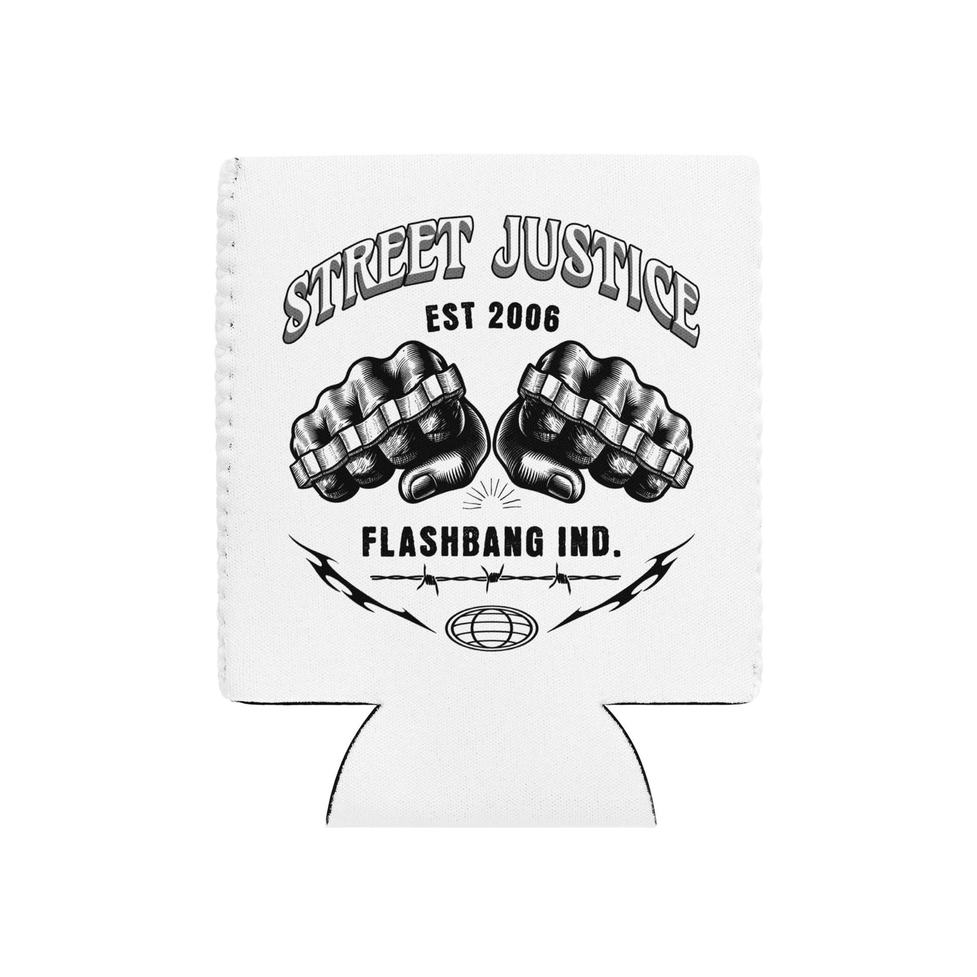 White can cooler with black graphic design and text on a white background