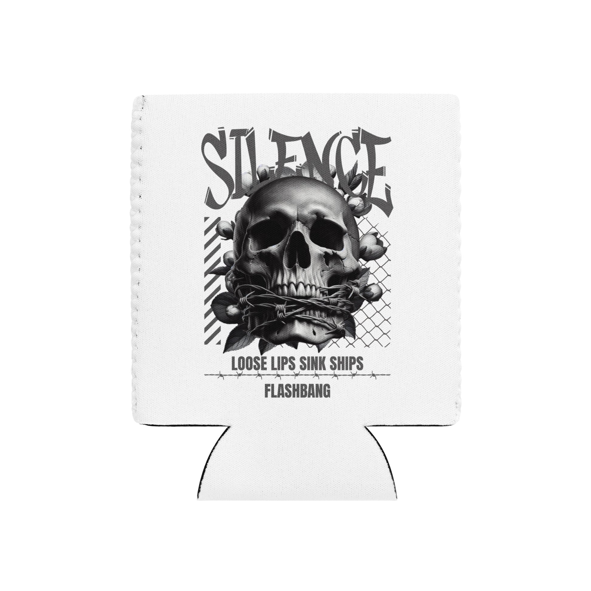 White can cooler with skull design and text on a white background