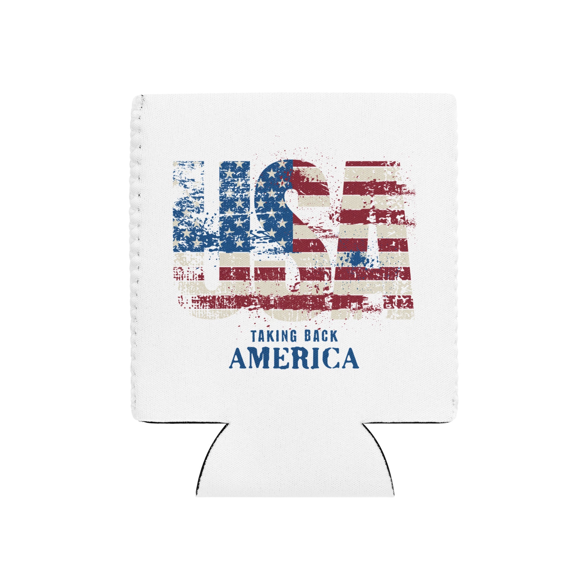 Koozie with American flag design and text 'Taking Back America' on a white background