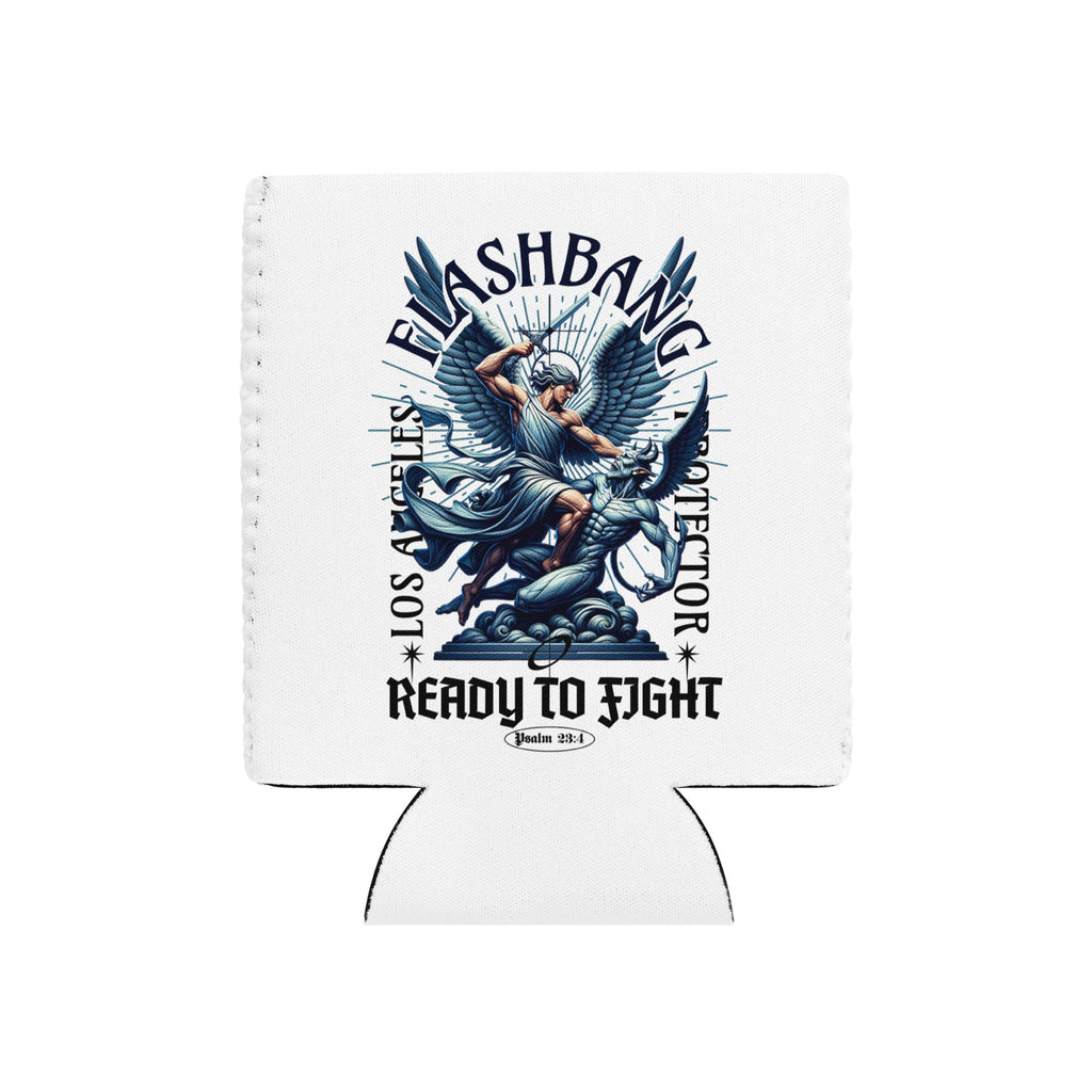 White can cooler with graphic design and text on a white background