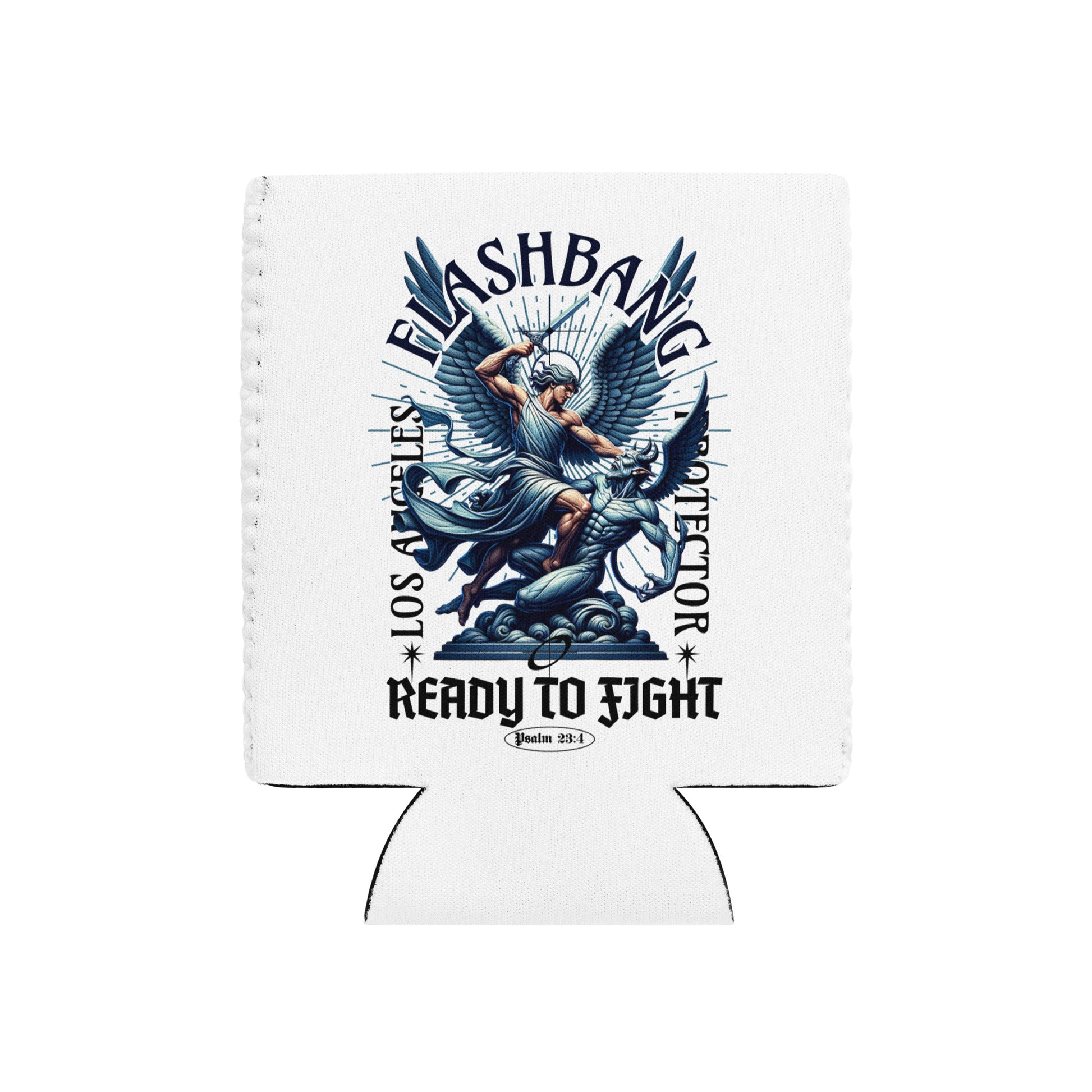 White can cooler with graphic design and text on a white background