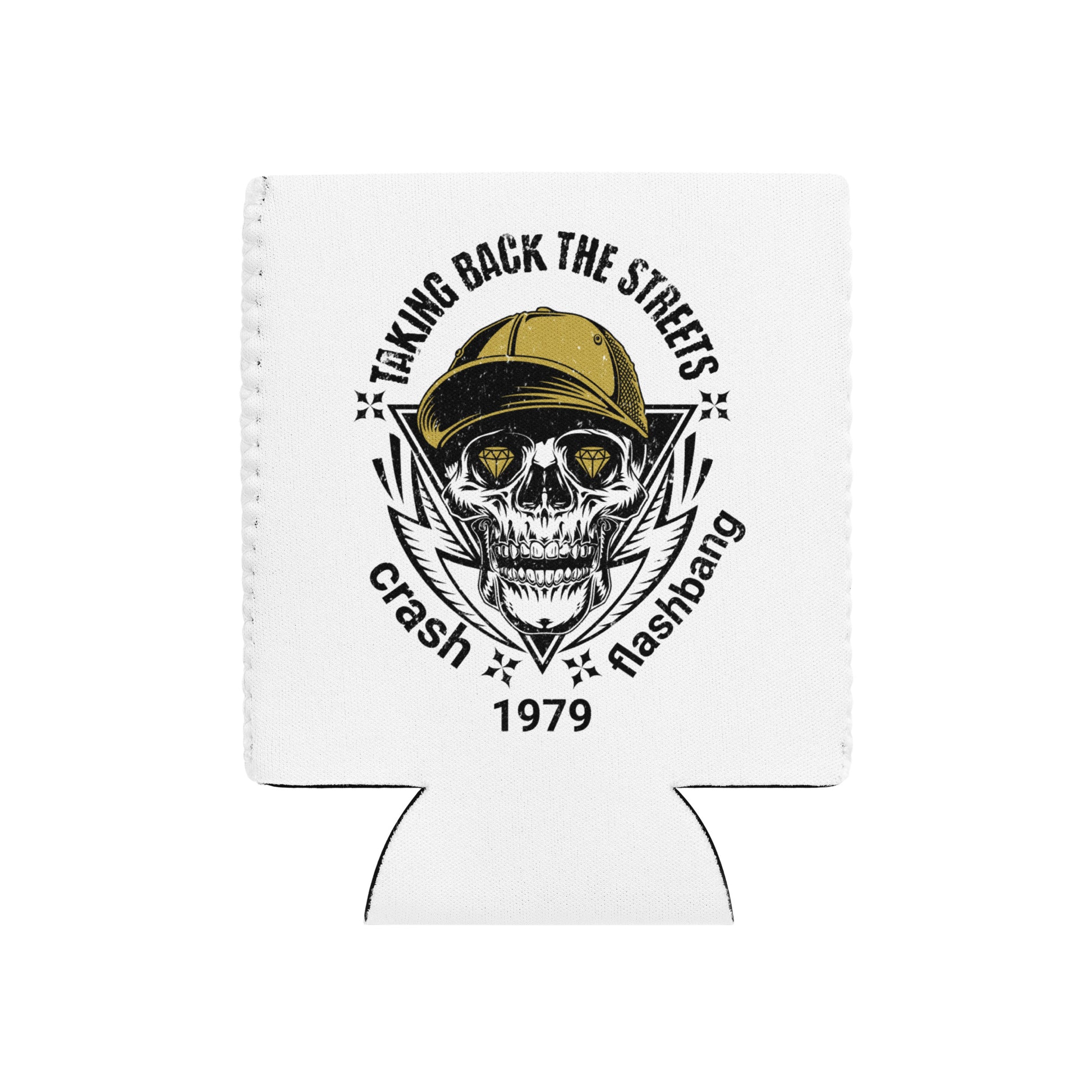 White can cooler with skull design and text on a white background