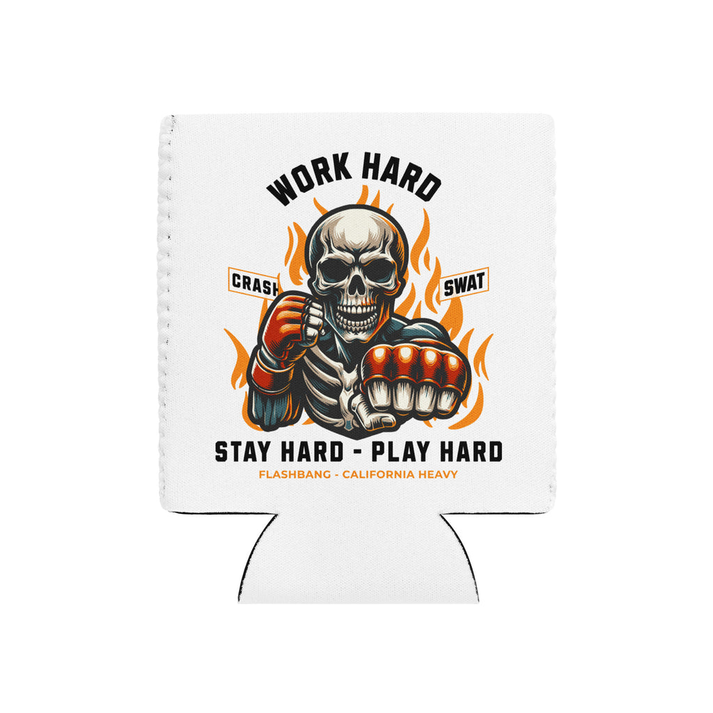 Koozie with a skull design and motivational text on a white background