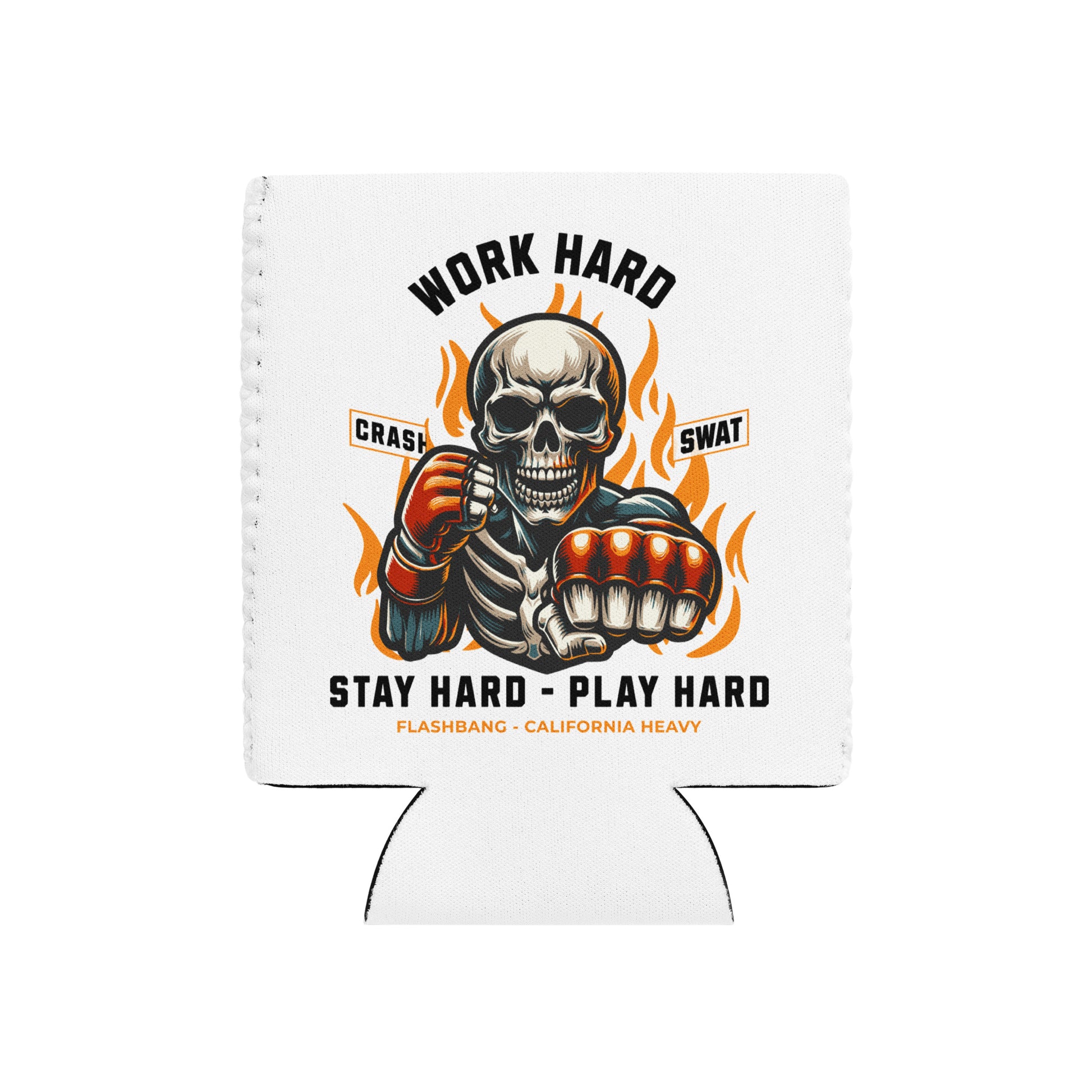 Koozie with a skull design and motivational text on a white background