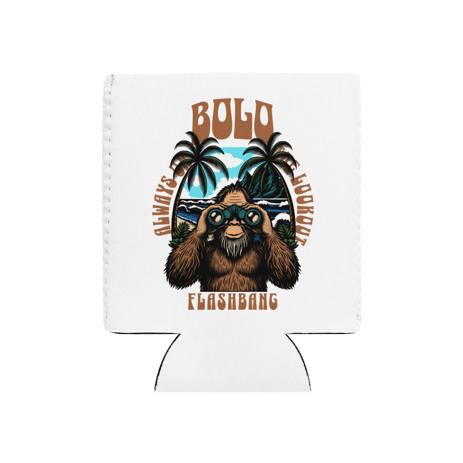 White can cooler with a graphic of a bear wearing sunglasses, palm trees, and text on a white background