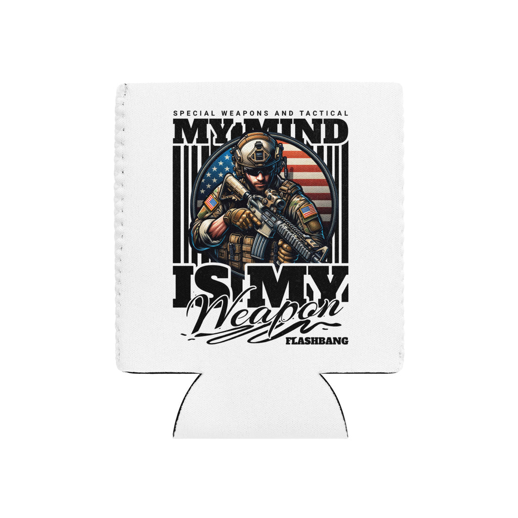 White can cooler with military-themed design and text on a white background