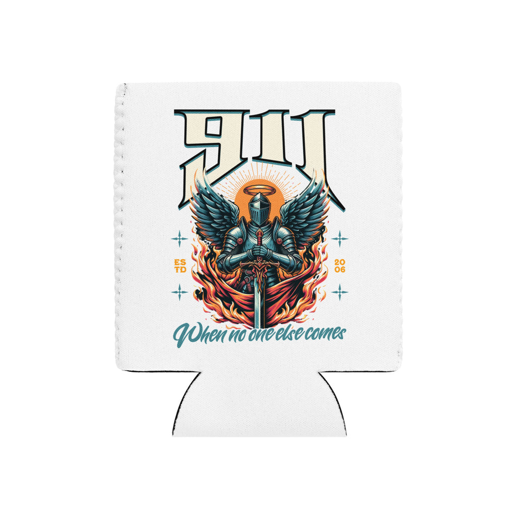 White can cooler with angel and sword design and text on a white background