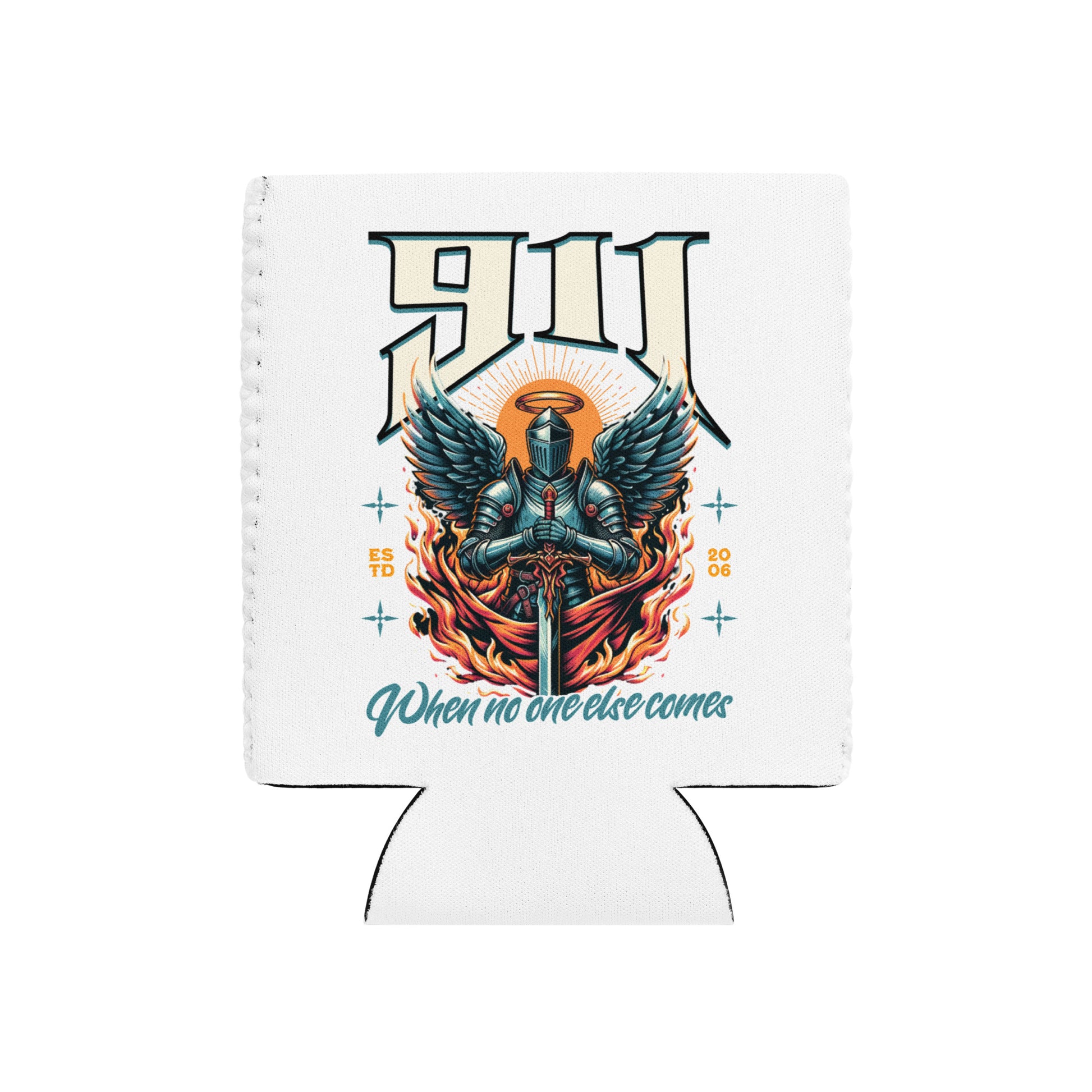 White can cooler with angel and sword design and text on a white background