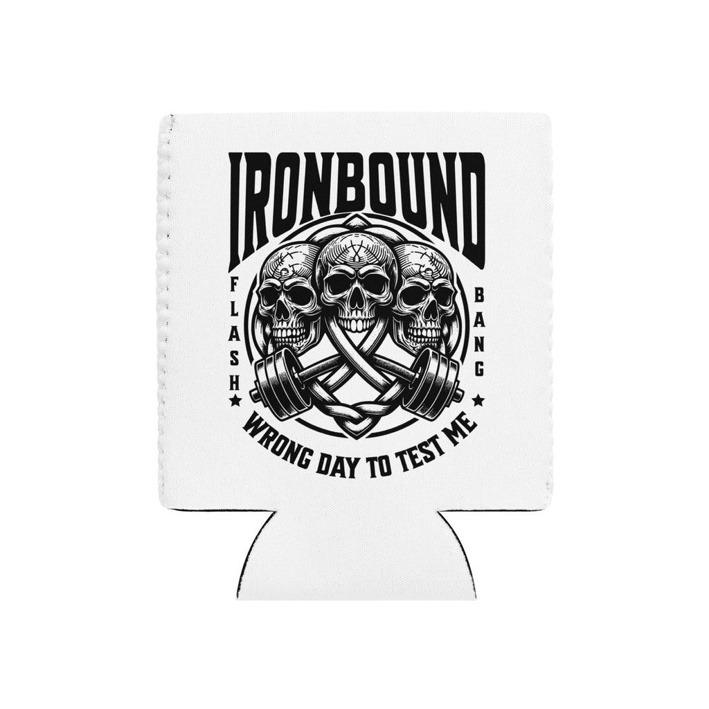 White can cooler with black skull and barbell design and 'Ironbound' text on a white background
