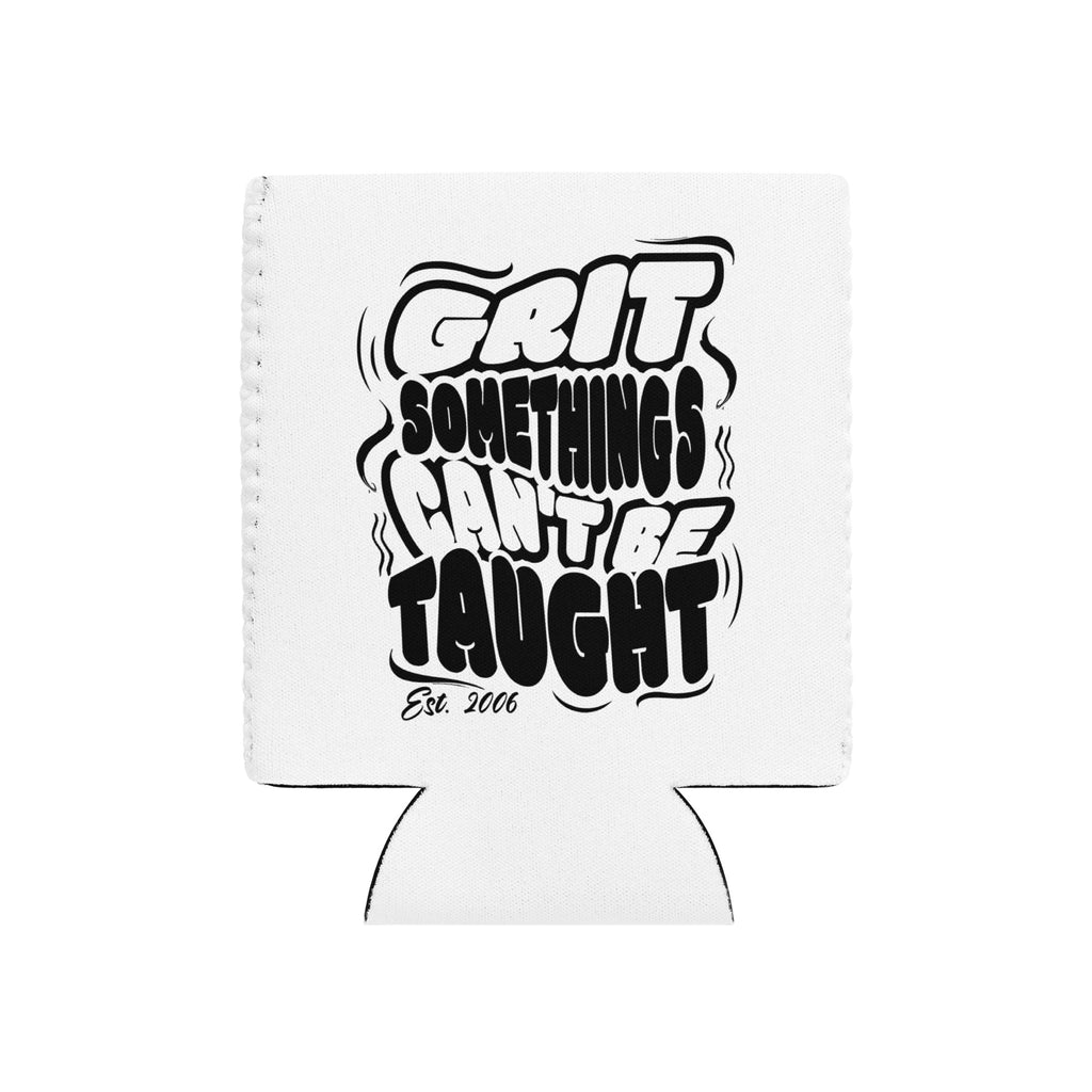 White can cooler with black text 'Grit Something Can't Be Taught' on a white background