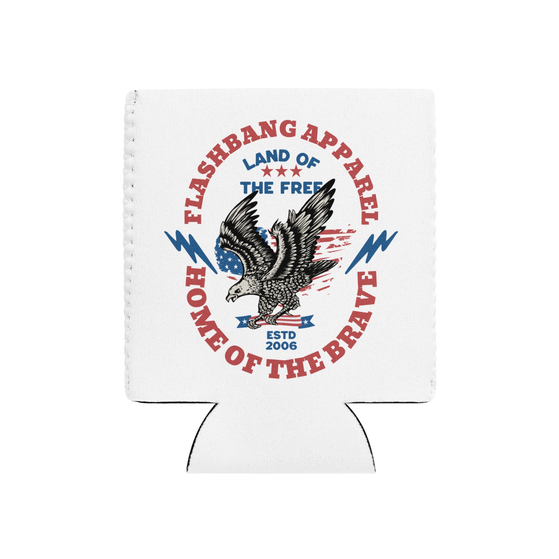 White can cooler with 'Flashbang Apparel' design featuring an eagle and text on a white background
