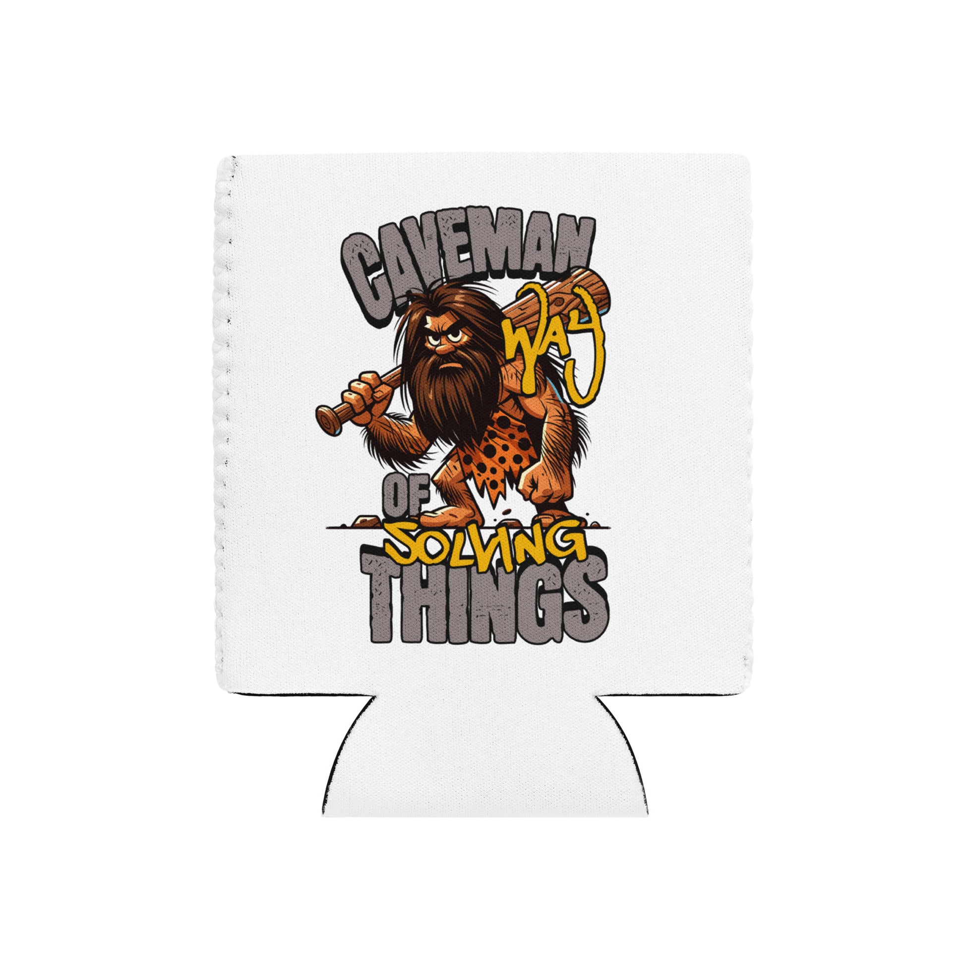 White can cooler with a cartoon caveman design and text on a white background