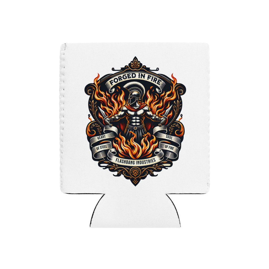 White can cooler with a black and orange graphic design featuring flames and text on a white background.