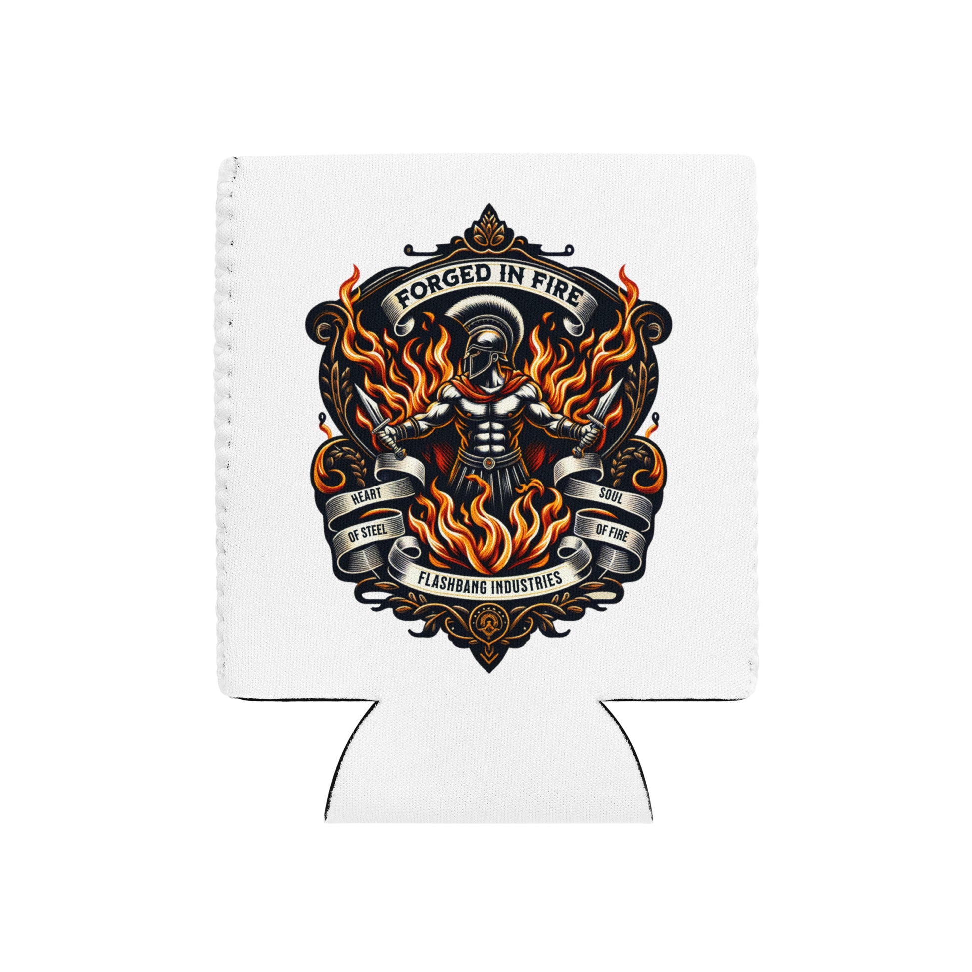 White can cooler with a black and orange graphic design featuring flames and text on a white background.