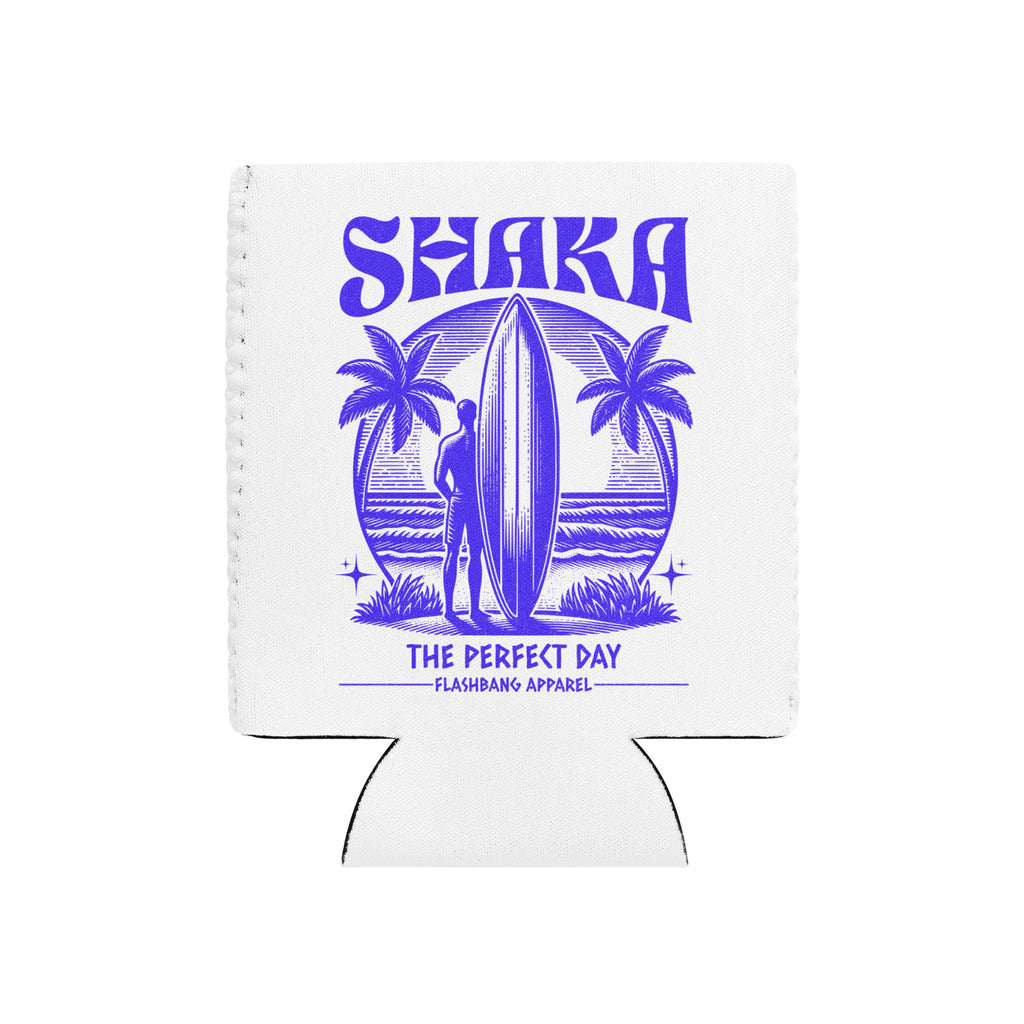 White can cooler with purple 'Shaka' design featuring a surfer and palm trees on a white background.
