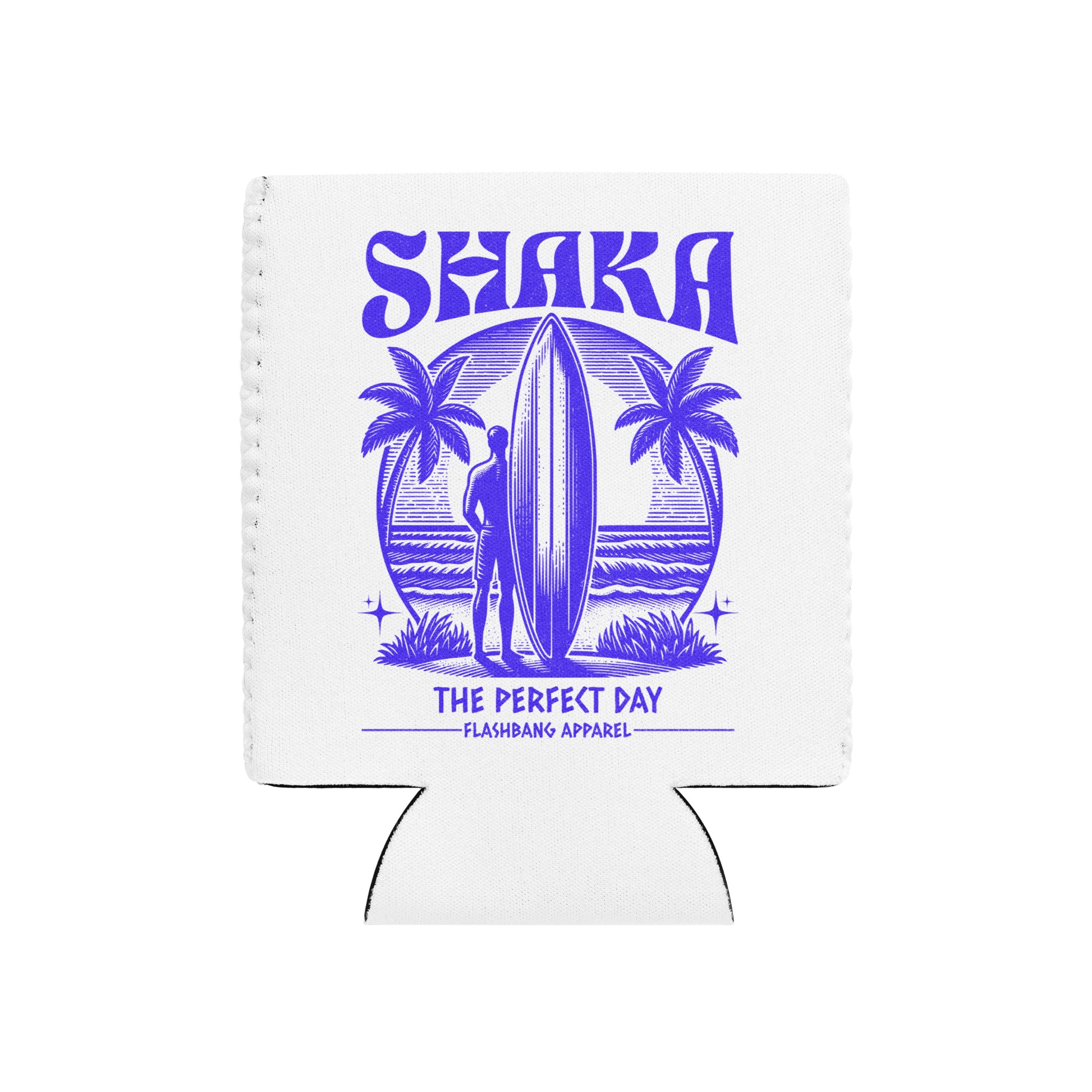 White can cooler with purple 'Shaka' design featuring a surfer and palm trees on a white background.