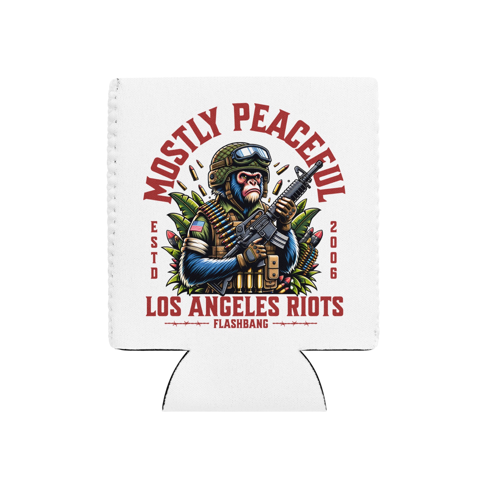 Koozie with a graphic design of a monkey holding a gun and text on a white background