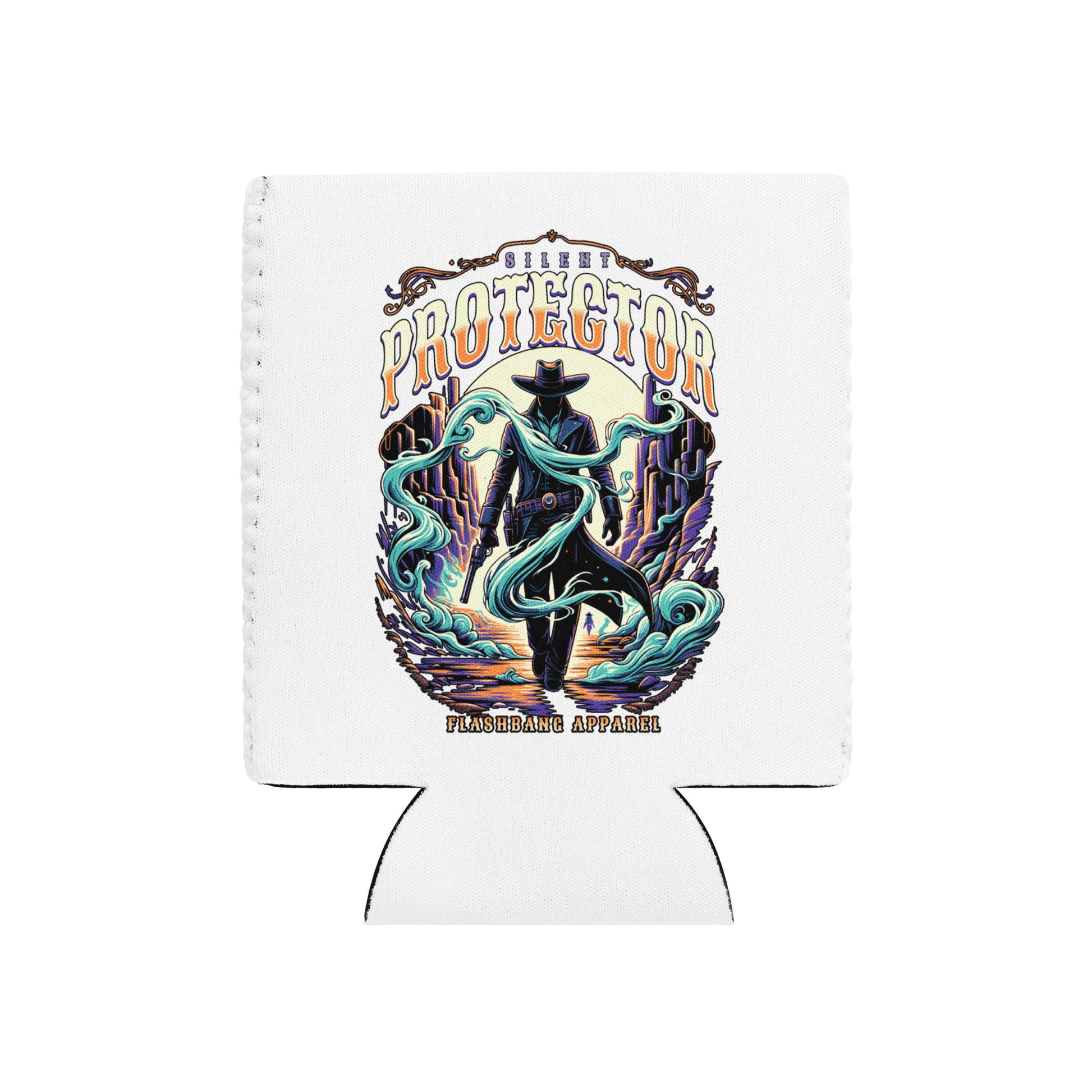 Koozie with a graphic design of a person in a cowboy hat and boots, surrounded by dragons, on a white background.