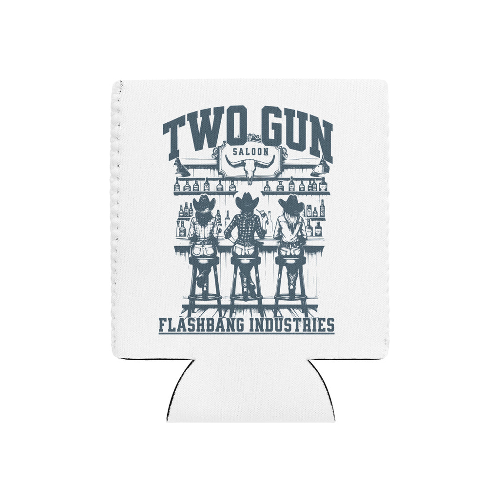 White can cooler with 'Two Gun Saloon' design and 'Flashbang Industries' text on a white background