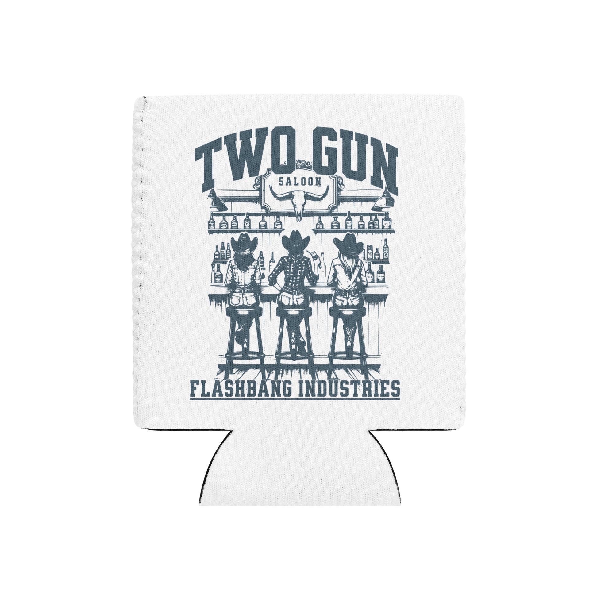 White can cooler with 'Two Gun Saloon' design and 'Flashbang Industries' text on a white background
