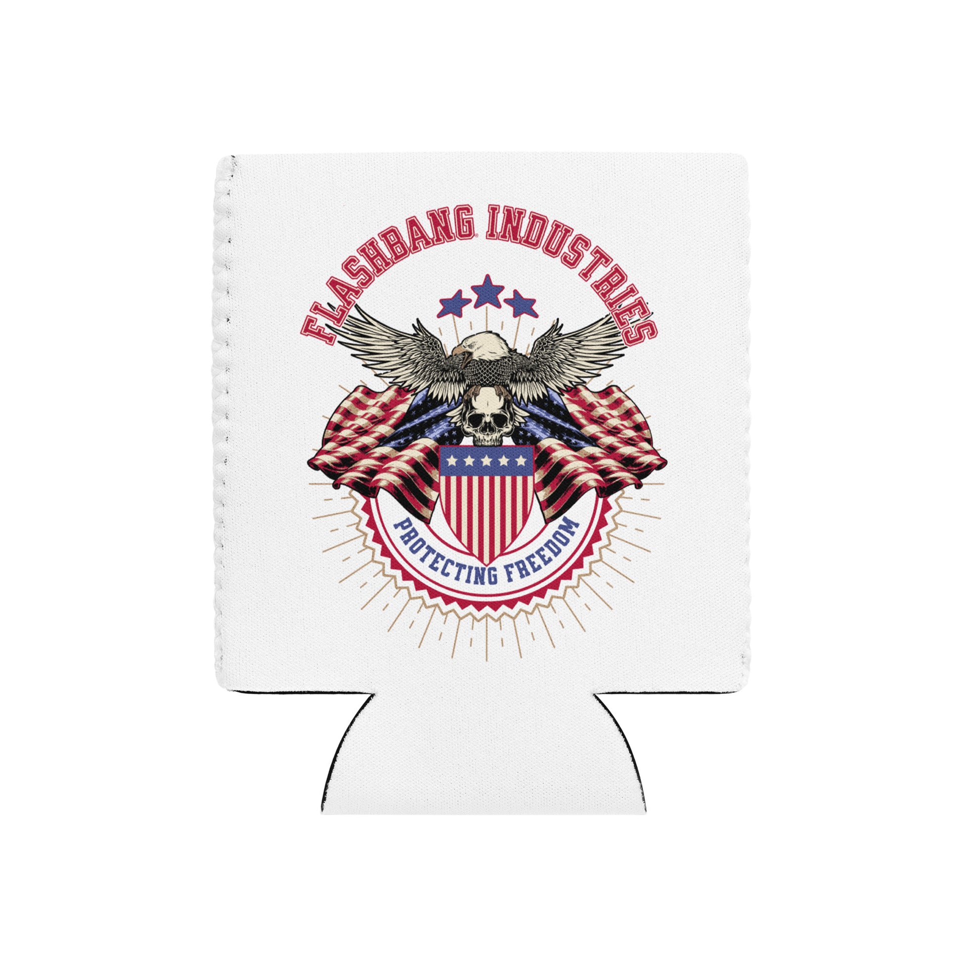 White can cooler with patriotic design featuring an eagle, shield, and text on a white background