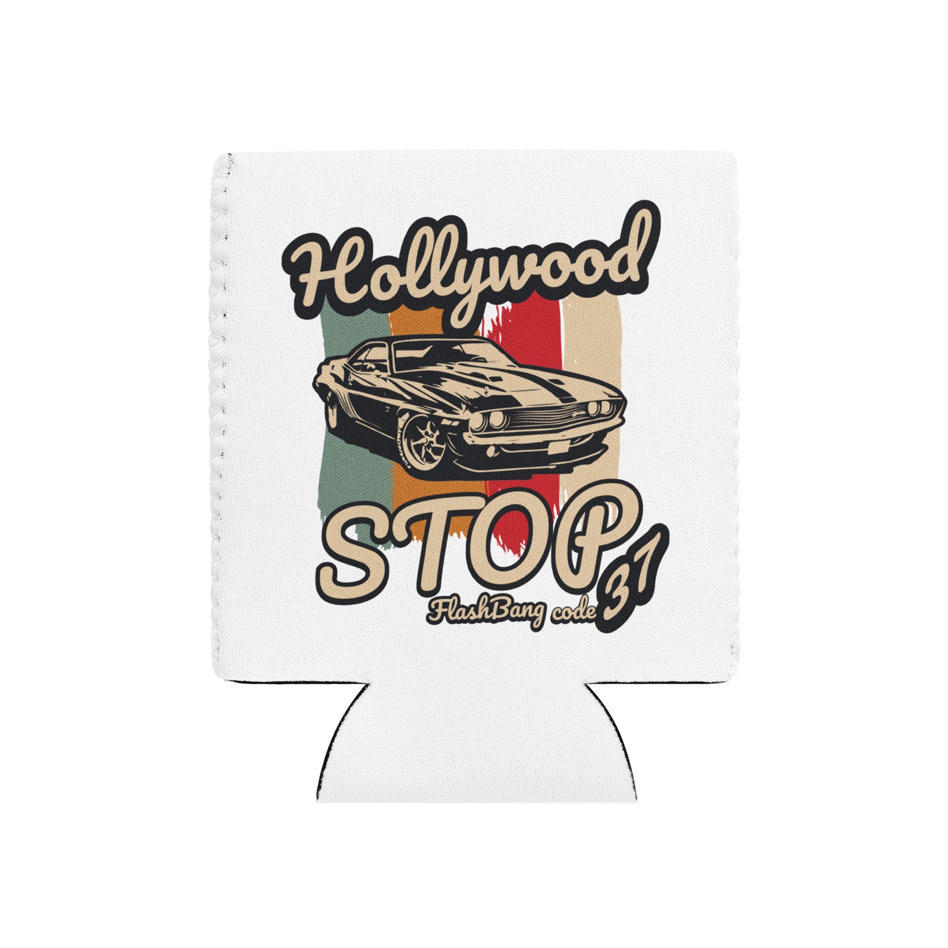 White can cooler with vintage car design and text on a white background