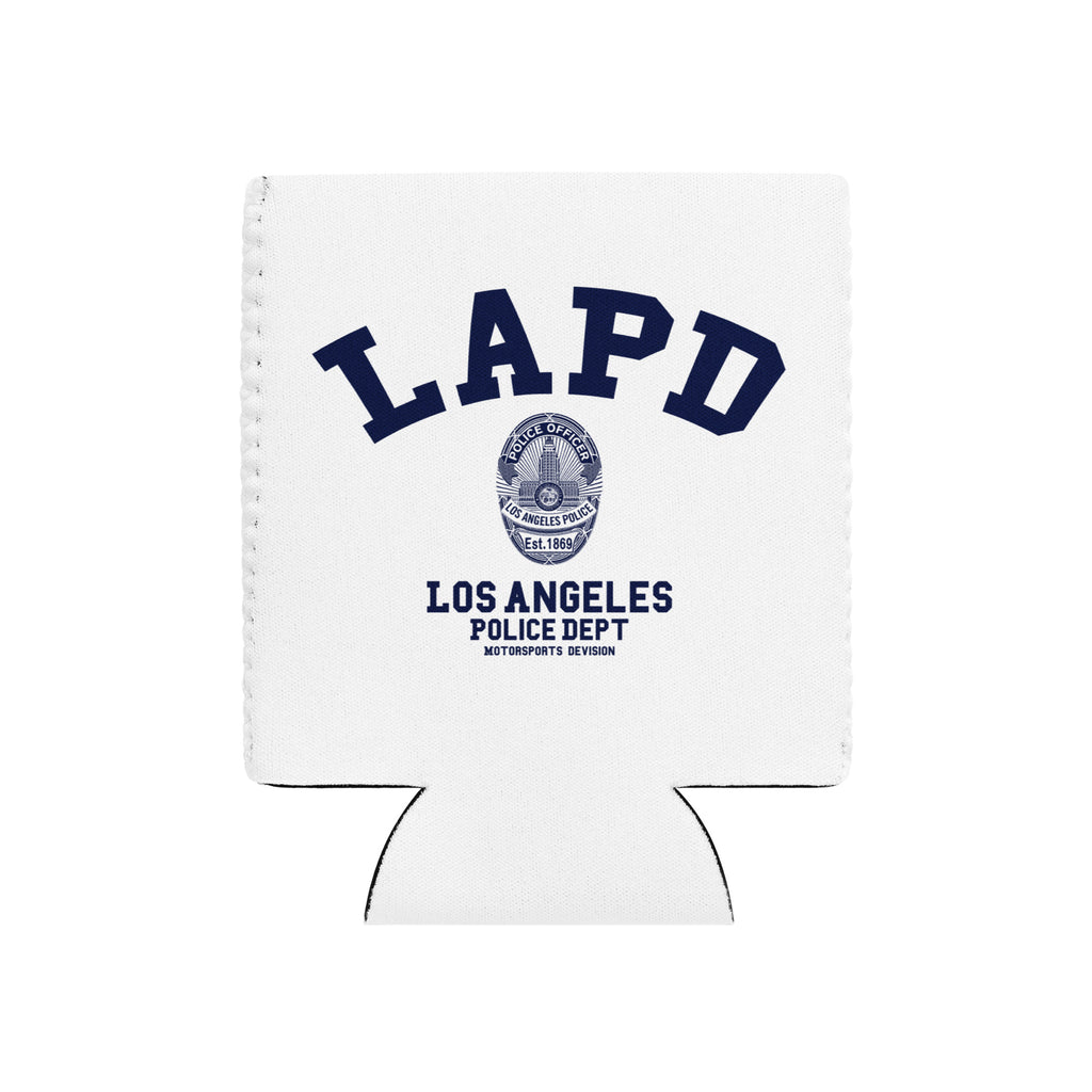 White can cooler with LAPD Los Angeles Police Department logo on a white background