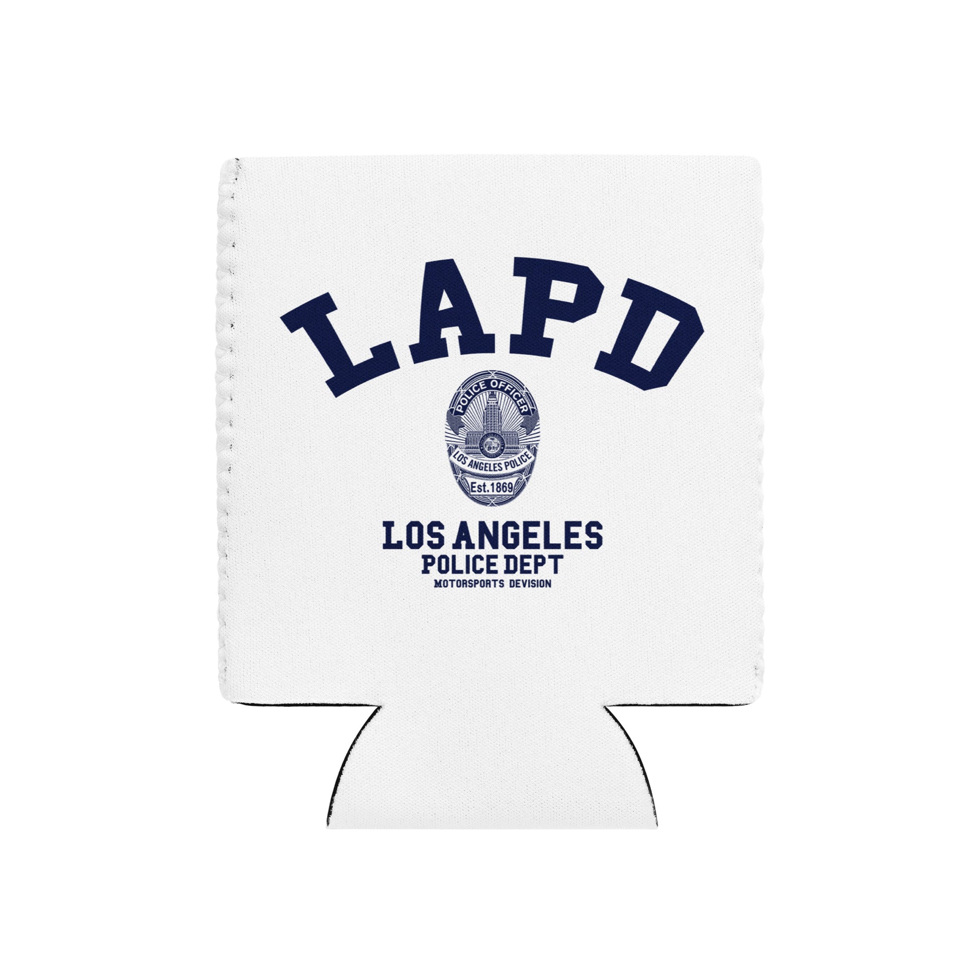 White can cooler with LAPD Los Angeles Police Department logo on a white background