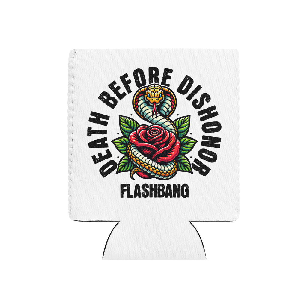 White can cooler with snake and rose design and 'Death Before Dishonor Flashbang' text on a white background