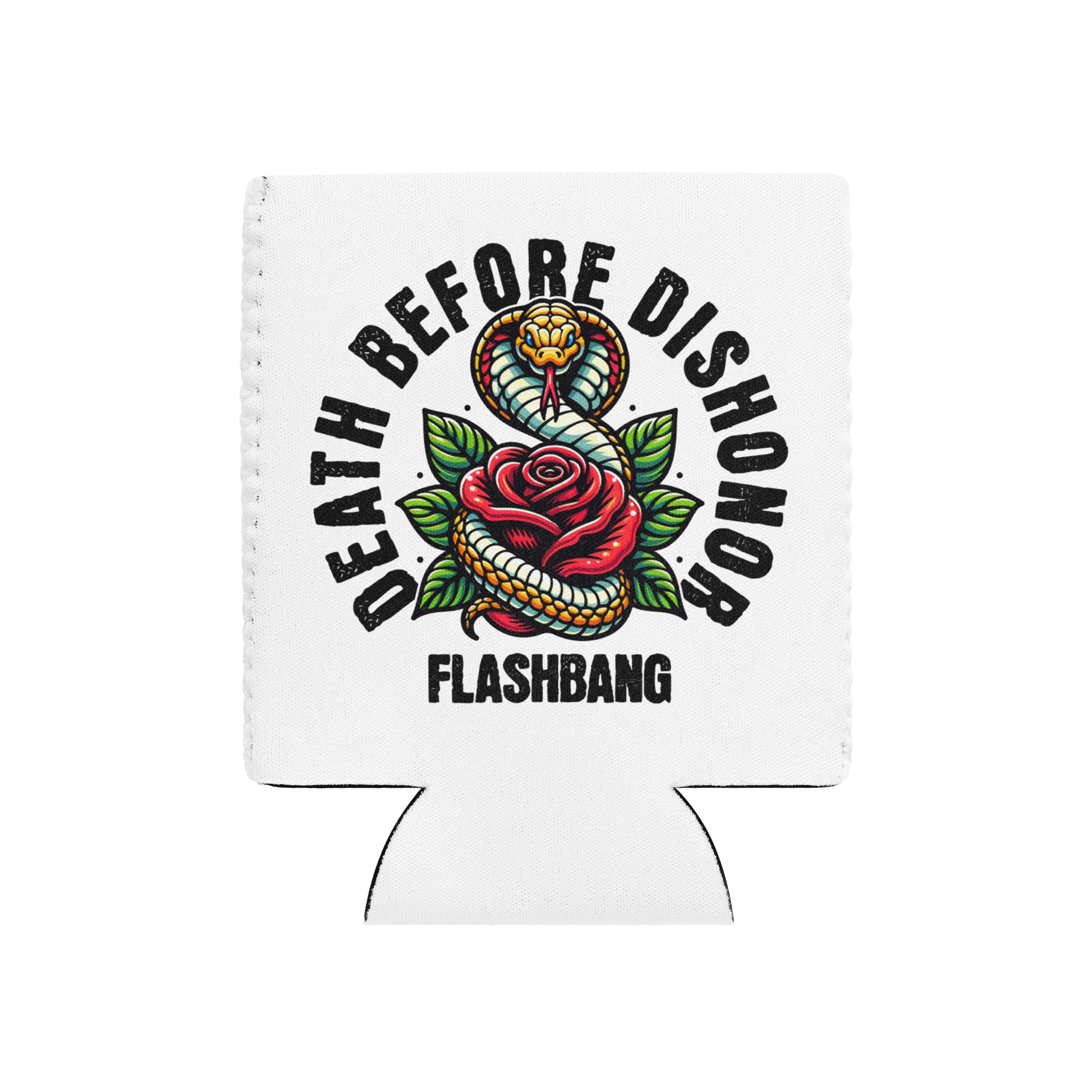 White can cooler with snake and rose design and 'Death Before Dishonor Flashbang' text on a white background
