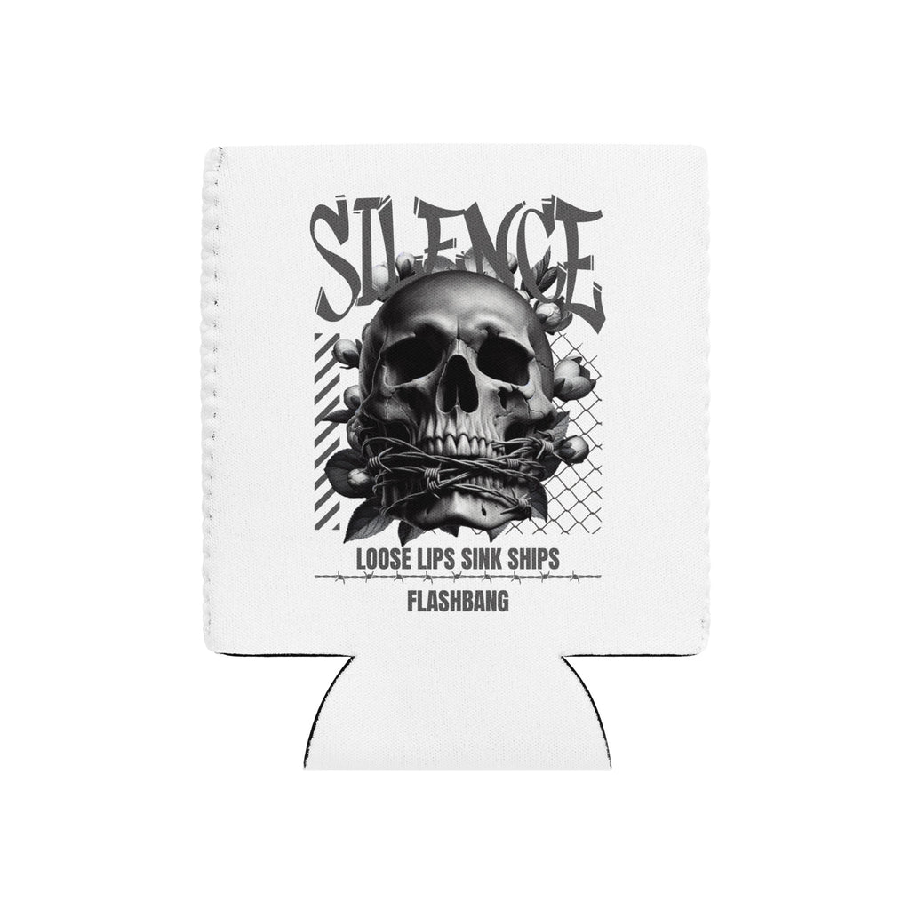 White can cooler with skull design and text on a white background