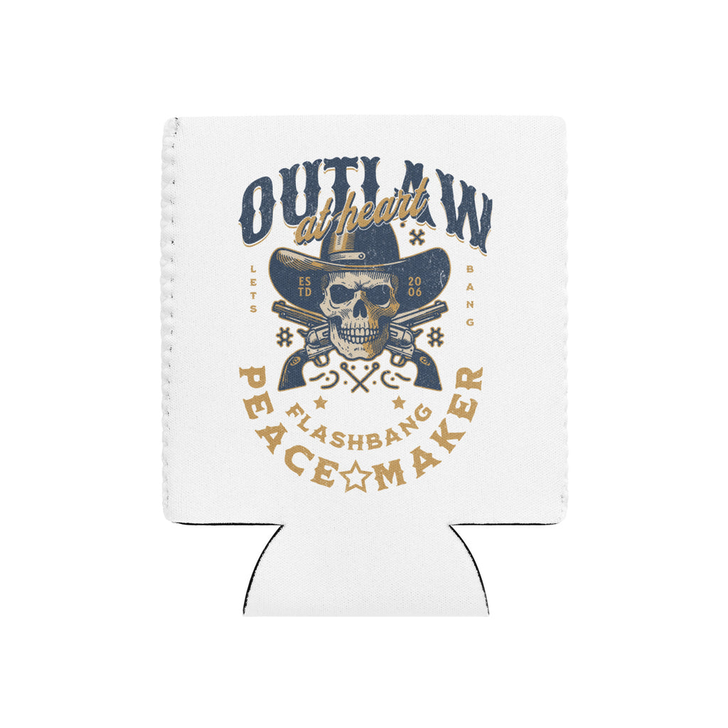 Koozie with skull and text design on a white background