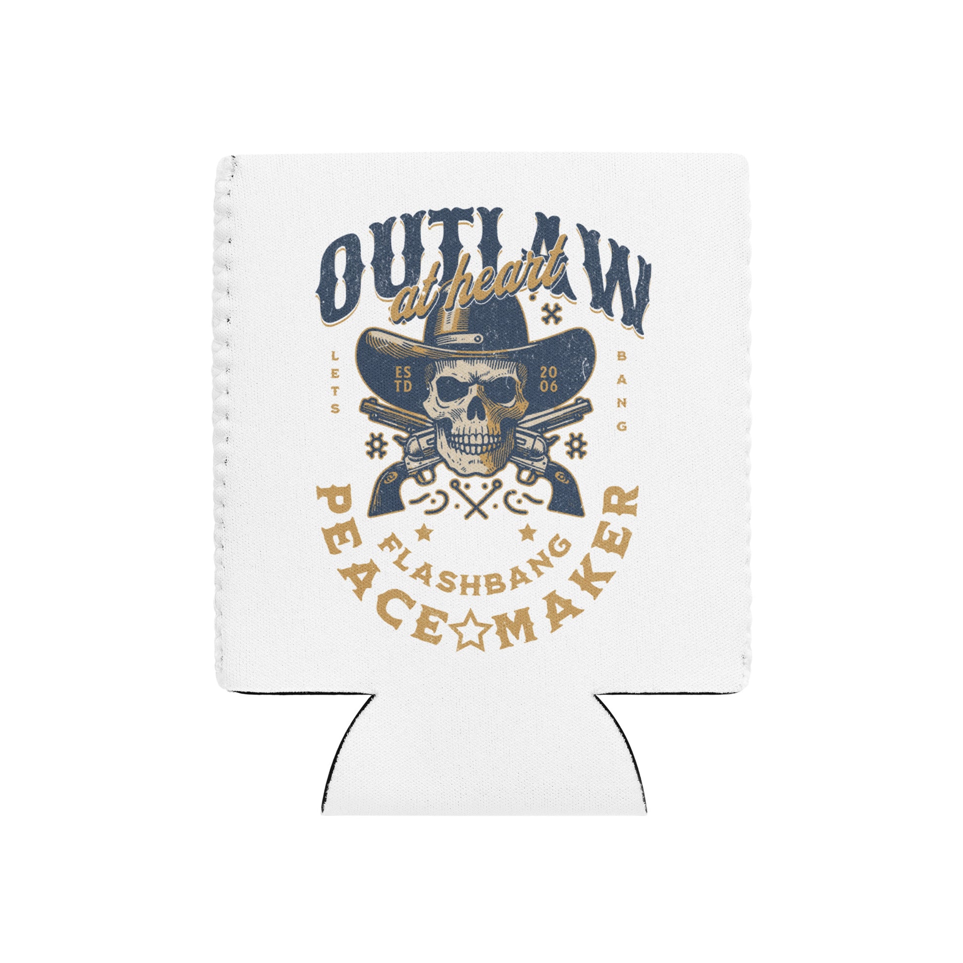 Koozie with skull and text design on a white background