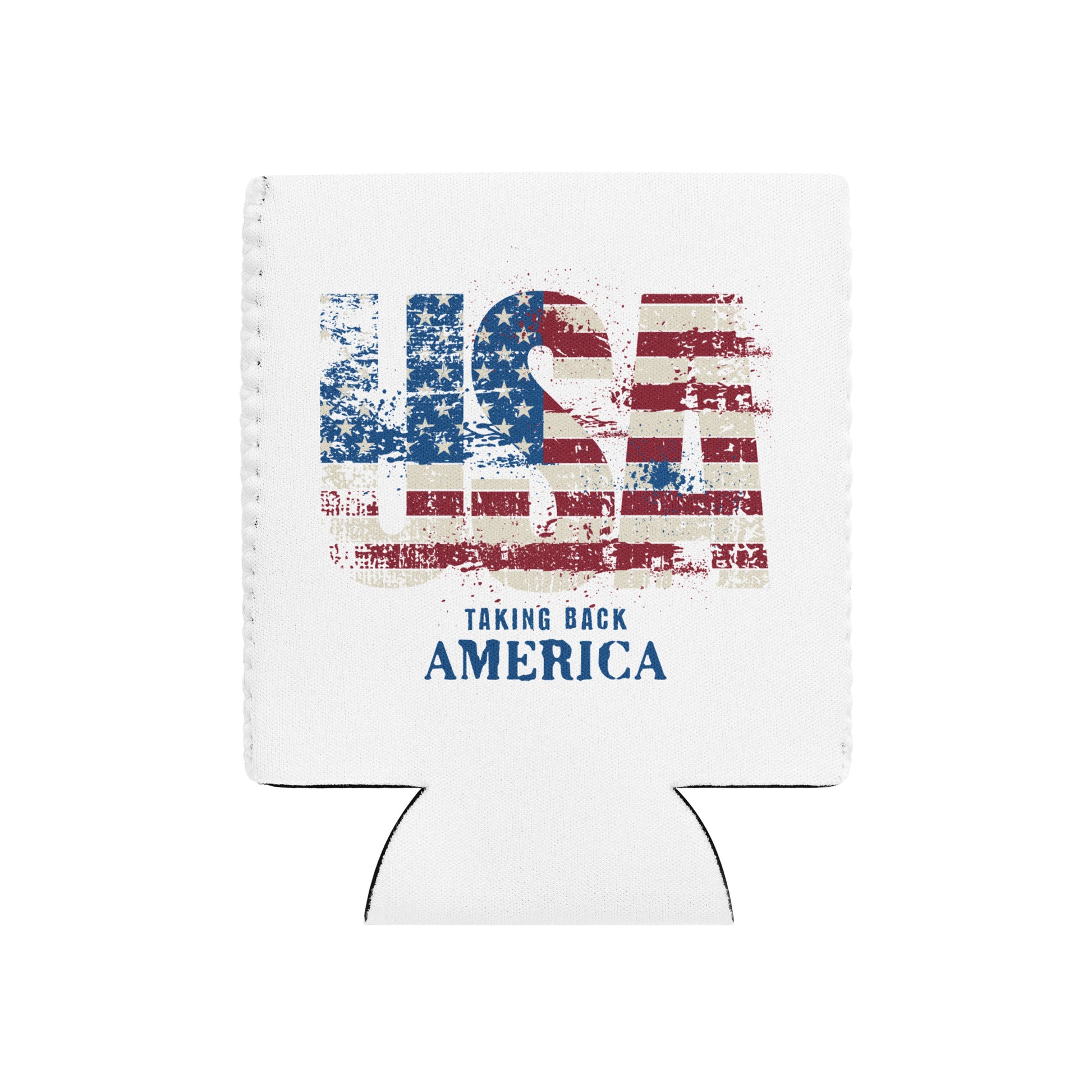 Koozie with American flag design and text 'Taking Back America' on a white background