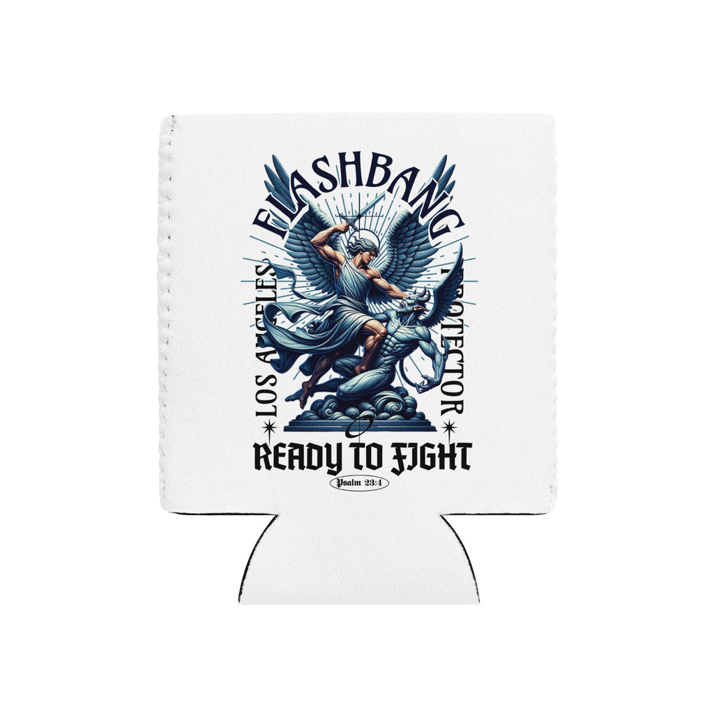 White can cooler with graphic design and text on a white background