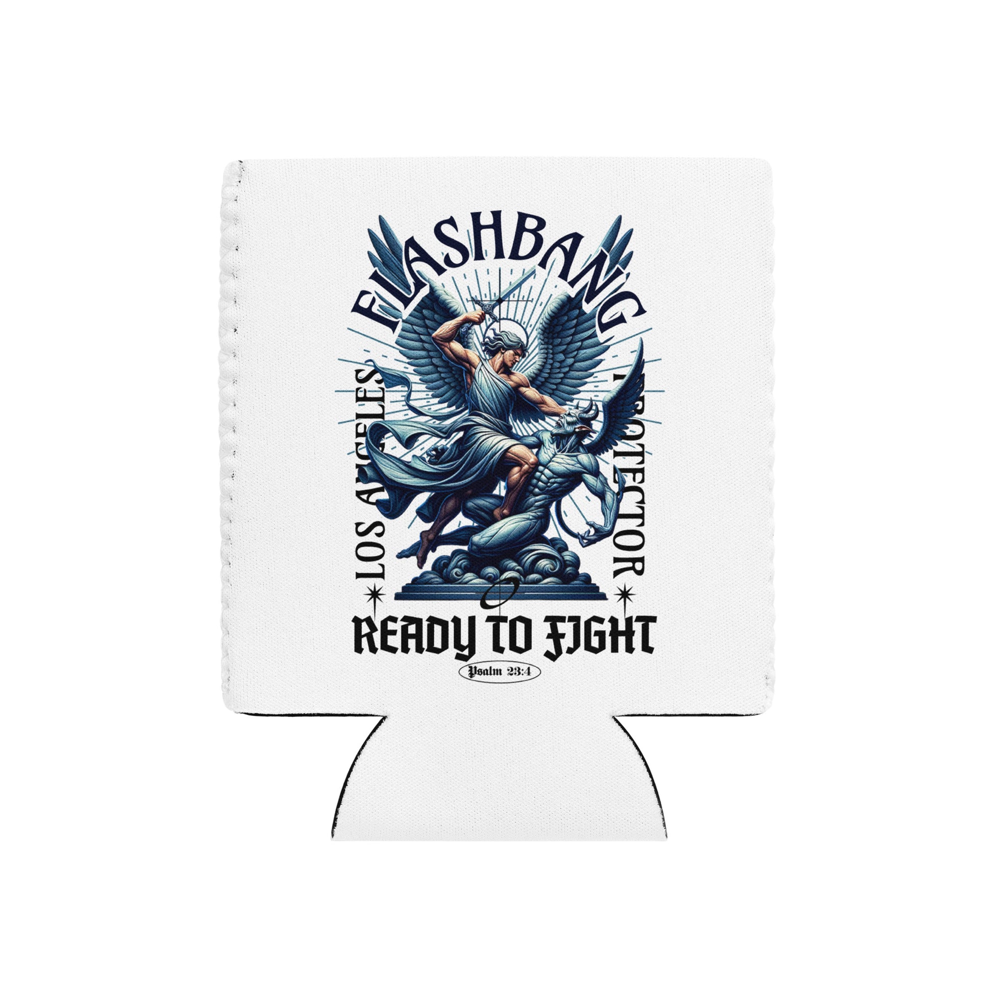 White can cooler with graphic design and text on a white background
