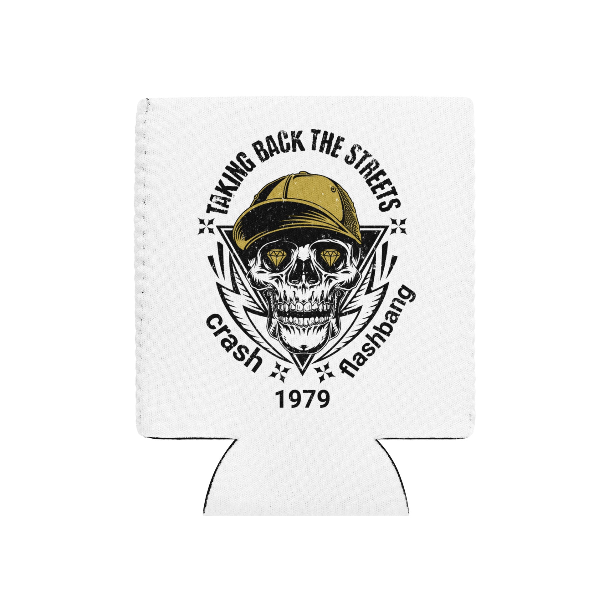 White can cooler with skull design and text on a white background