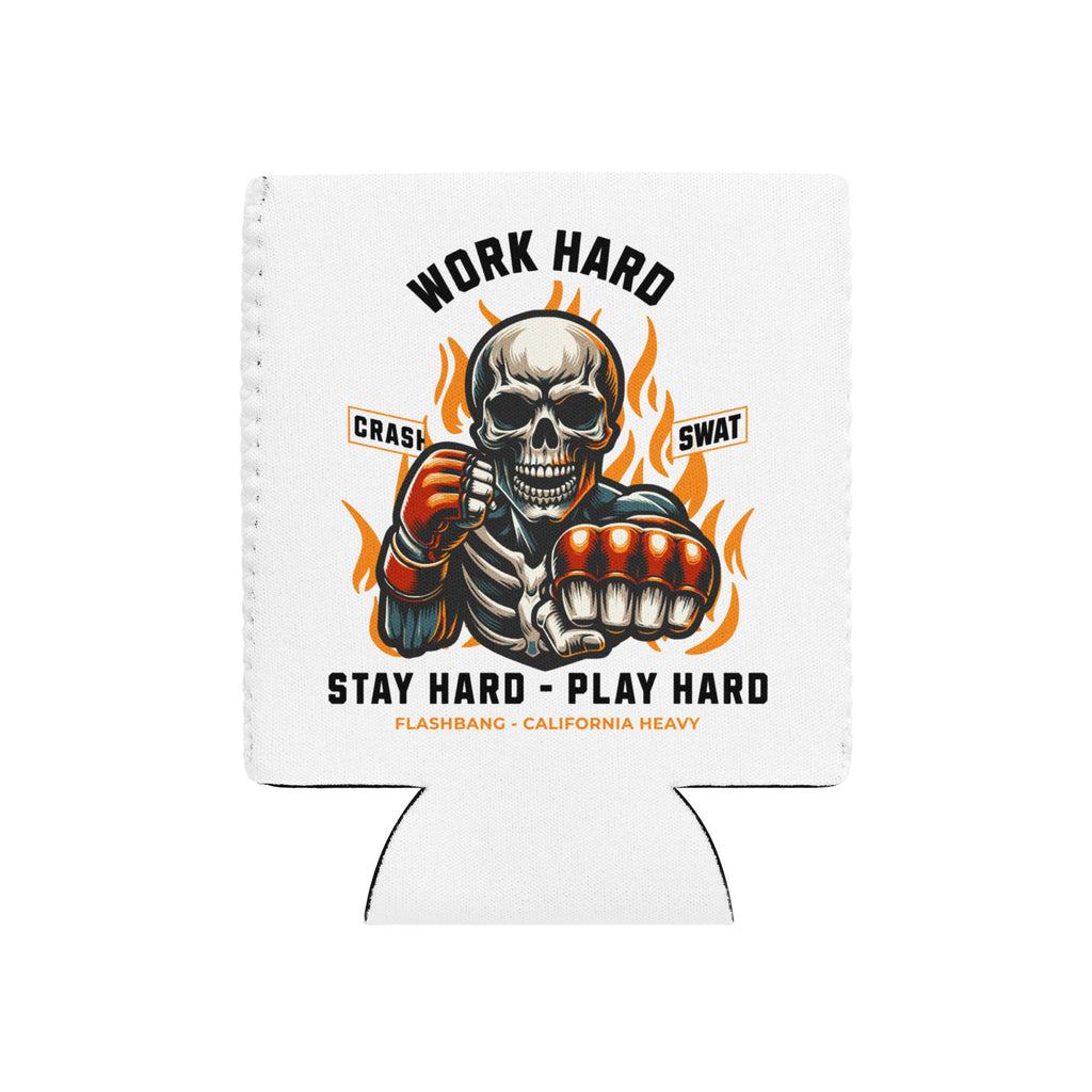 Koozie with a skeleton design and motivational text on a white background