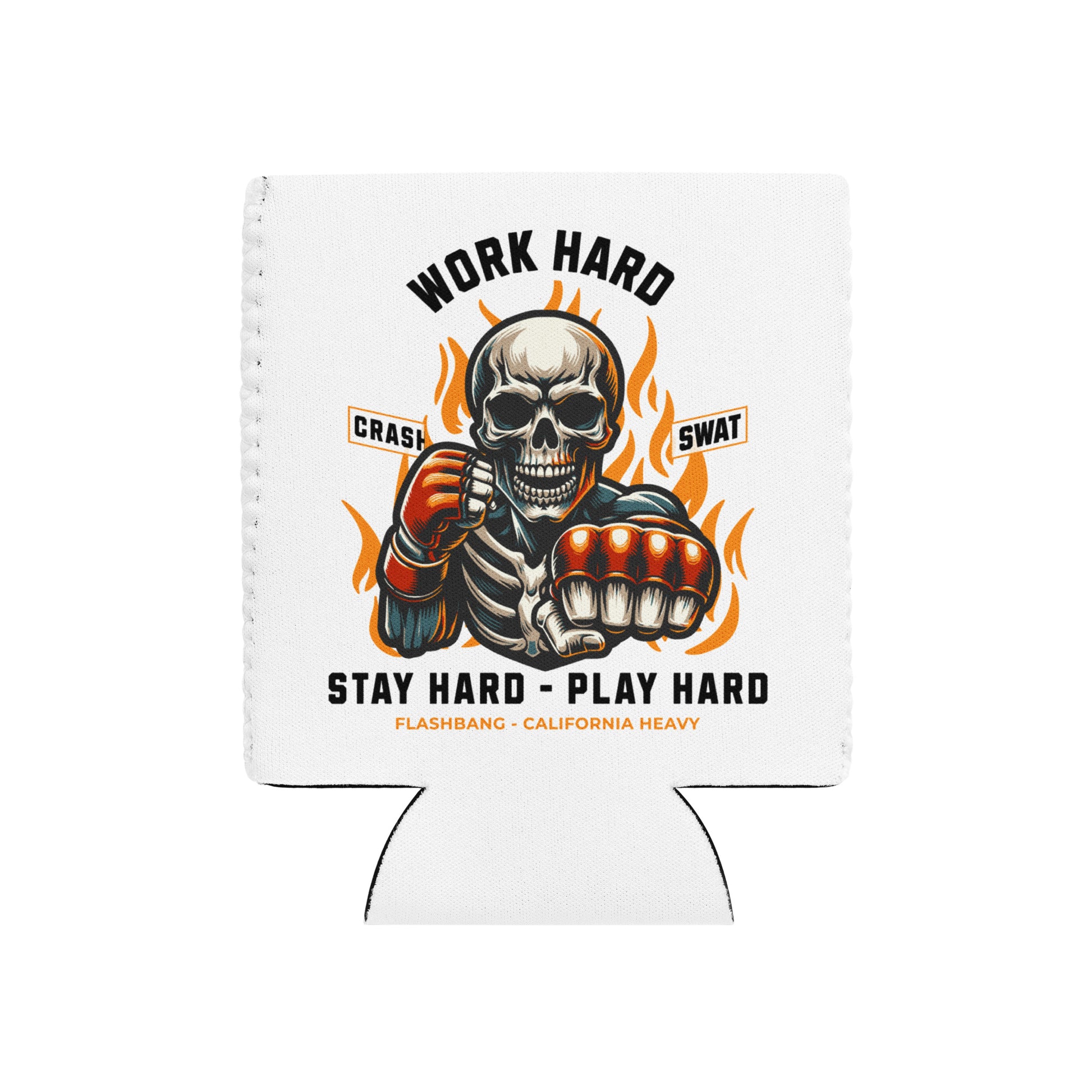 Koozie with a skeleton design and motivational text on a white background