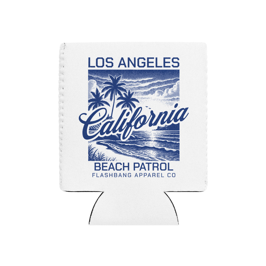 White can cooler with 'Los Angeles California Beach Patrol' design on a white background