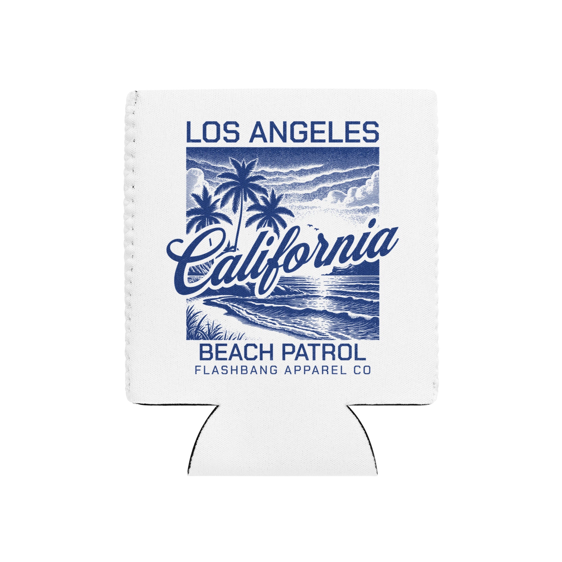 White can cooler with 'Los Angeles California Beach Patrol' design on a white background