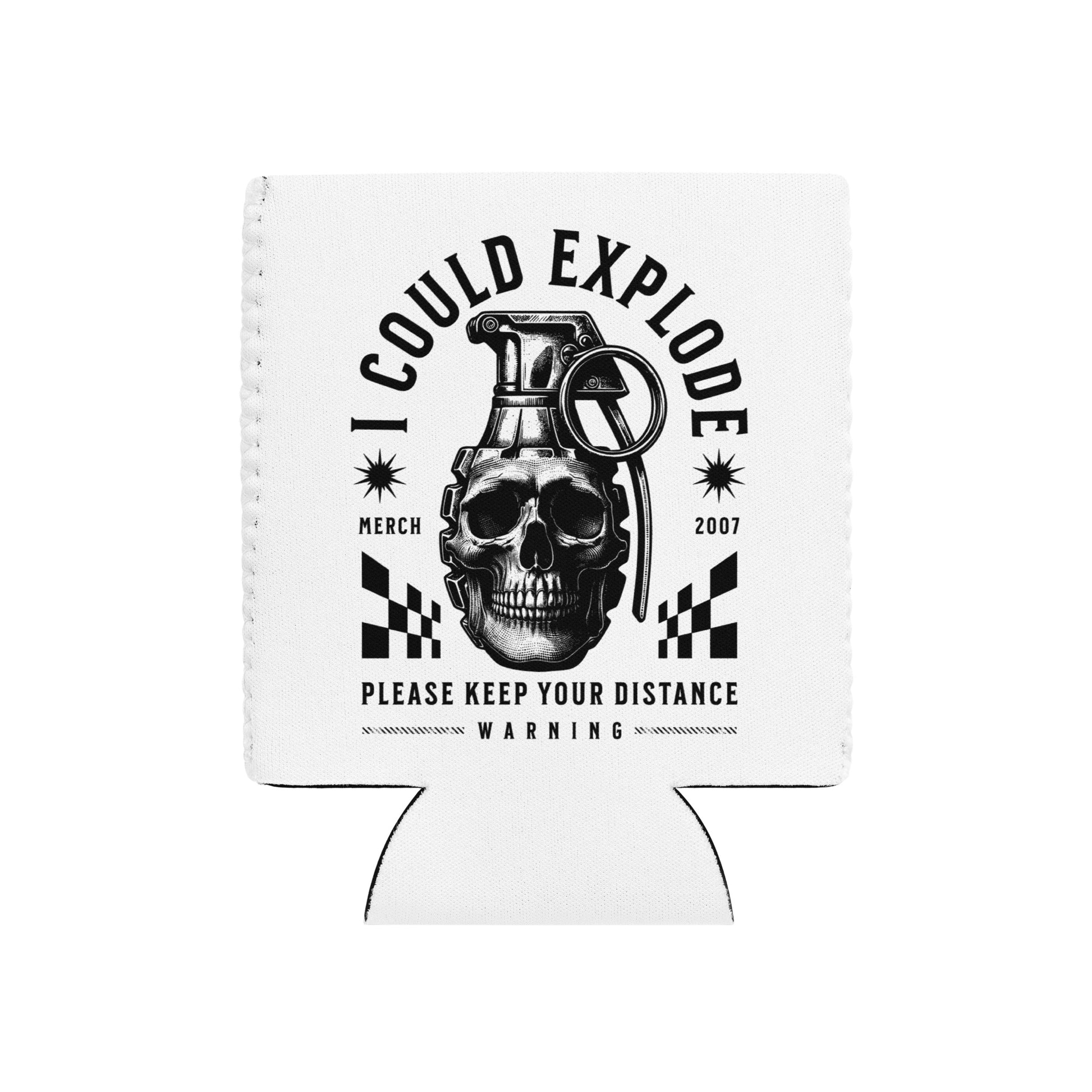 White can cooler with black graphic design featuring a skull and grenade, text 'I Could Explode' on a white background.